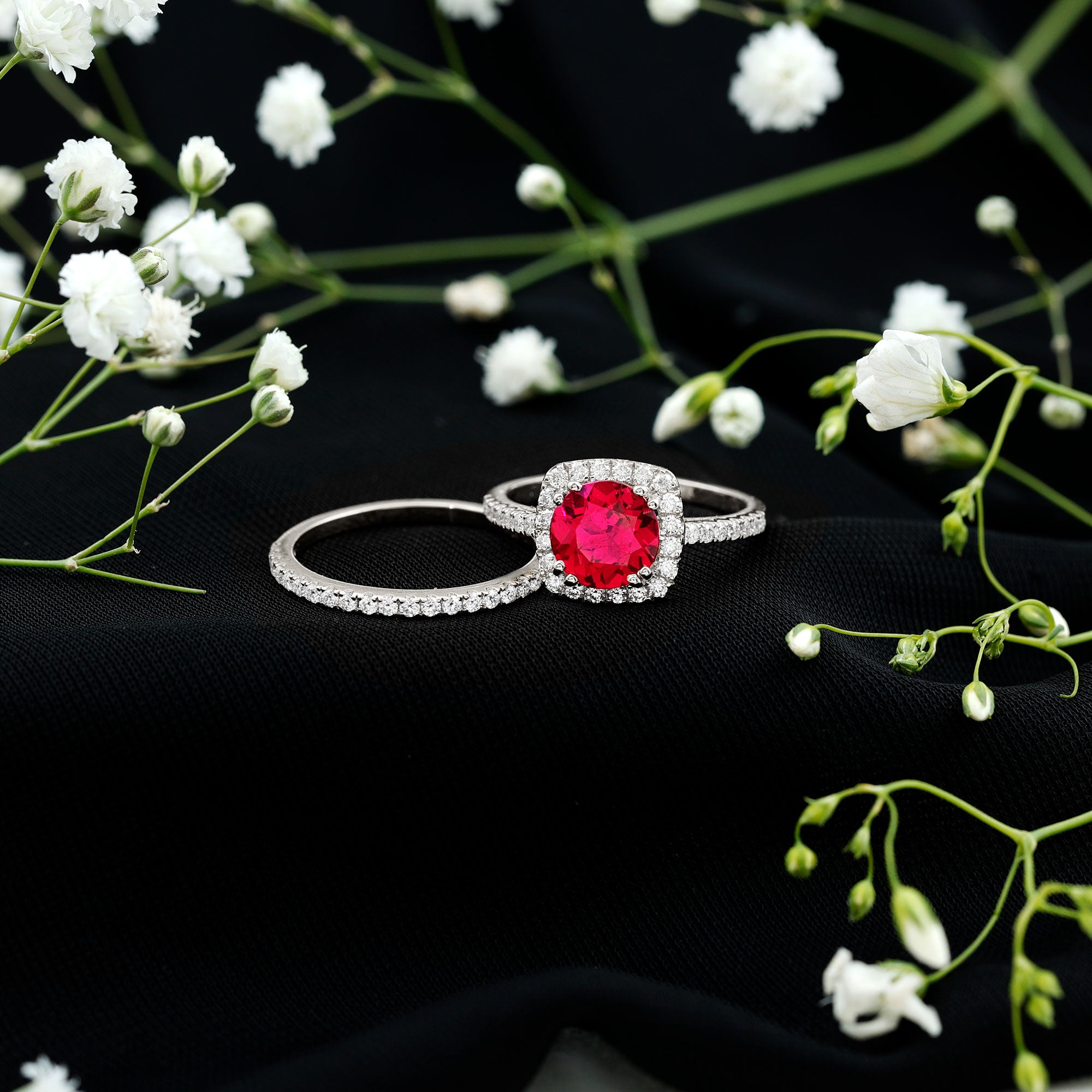 Lab Created Ruby and Moissanite Halo Wedding Ring Set for Bride AAAA - Rosec Jewels