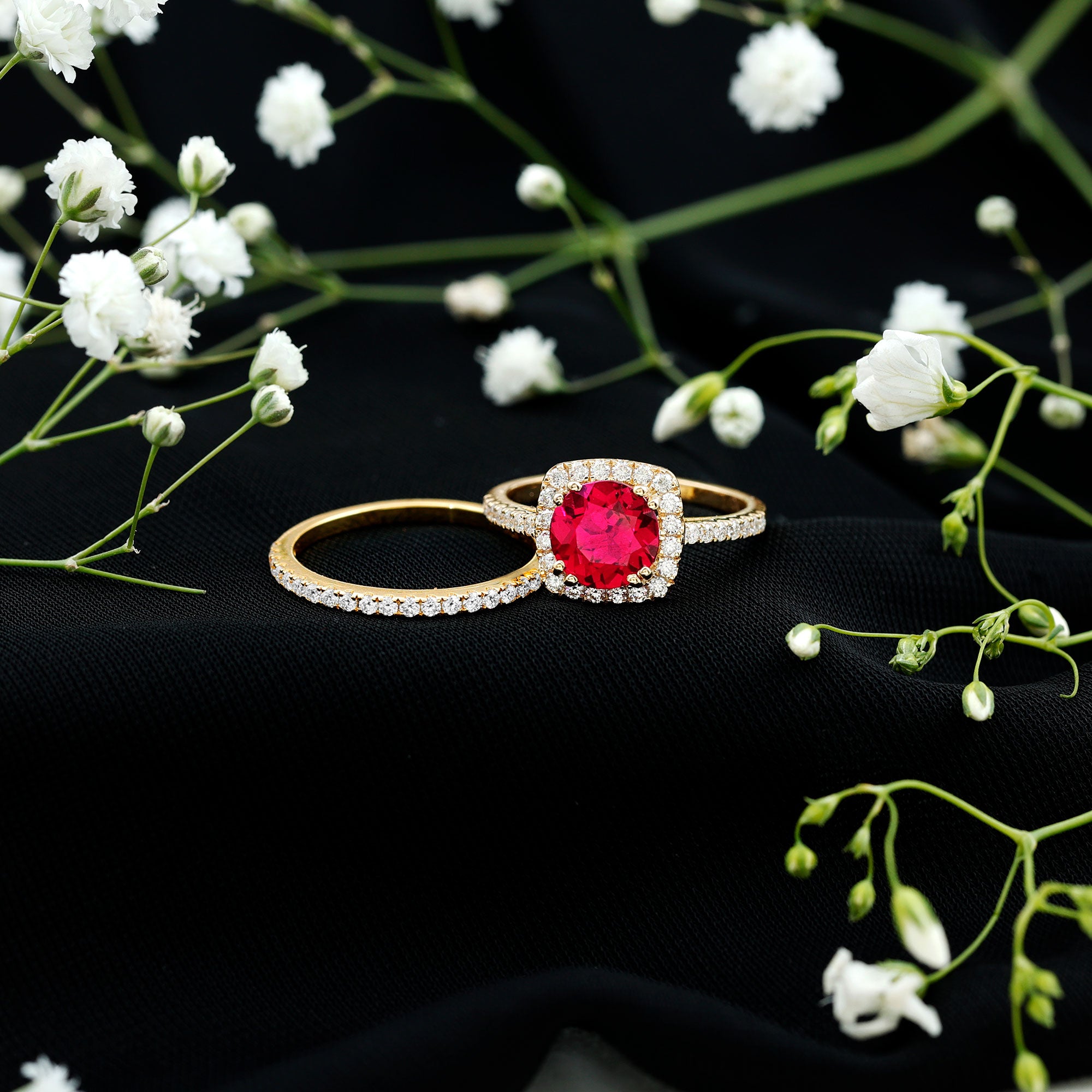 Rosec Jewels-Lab Created Ruby and Moissanite Halo Wedding Ring Set for Bride