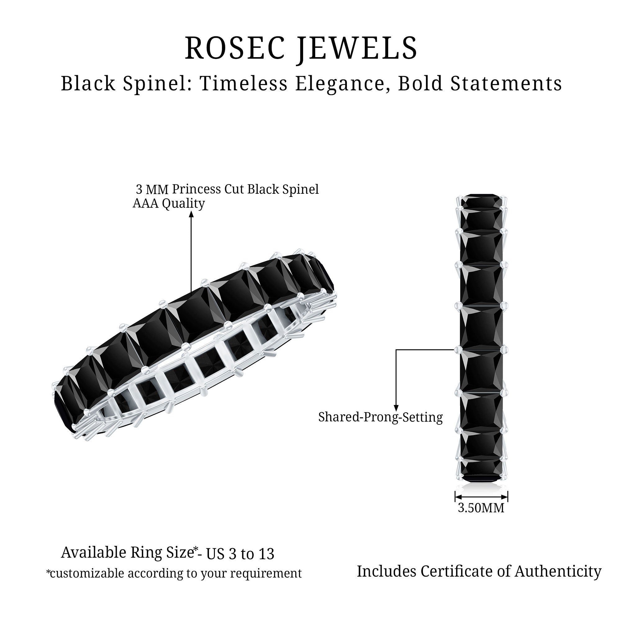 Certified Black Spinel Princess Cut Eternity Band Ring AAA - Rosec Jewels