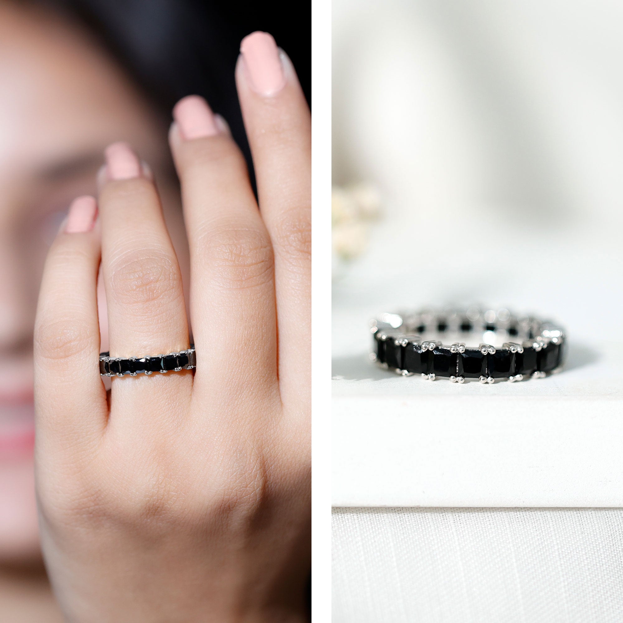Certified Black Spinel Princess Cut Eternity Band Ring AAA - Rosec Jewels