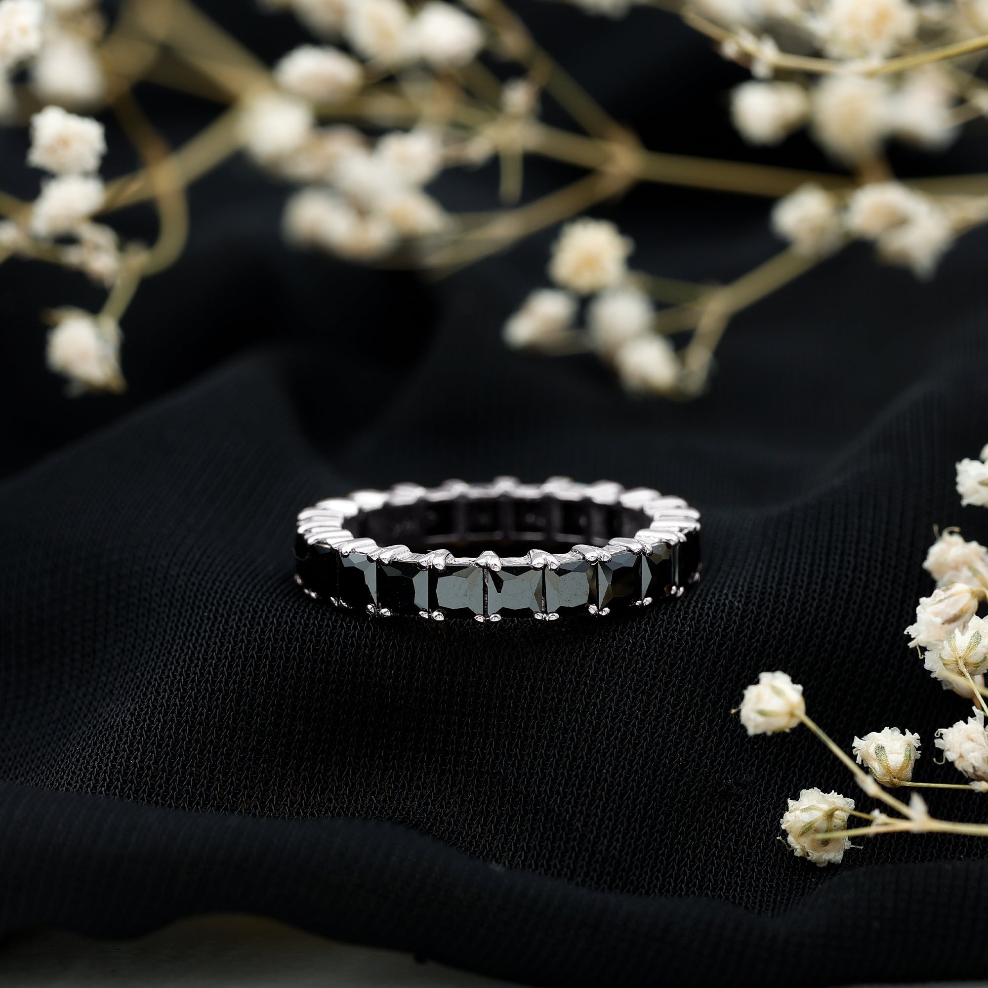 Certified Black Spinel Princess Cut Eternity Band Ring AAA - Rosec Jewels