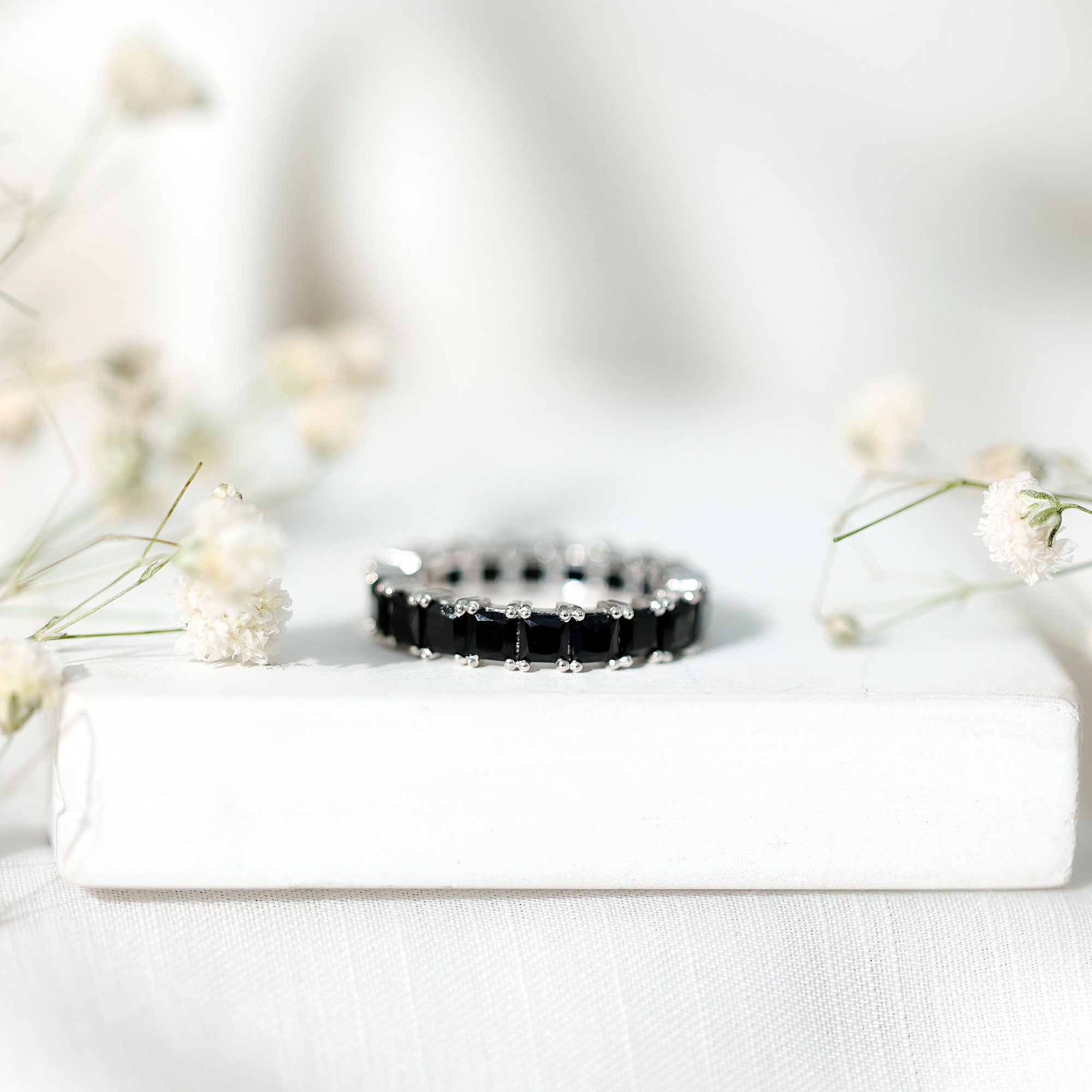 Certified Black Spinel Princess Cut Eternity Band Ring AAA - Rosec Jewels