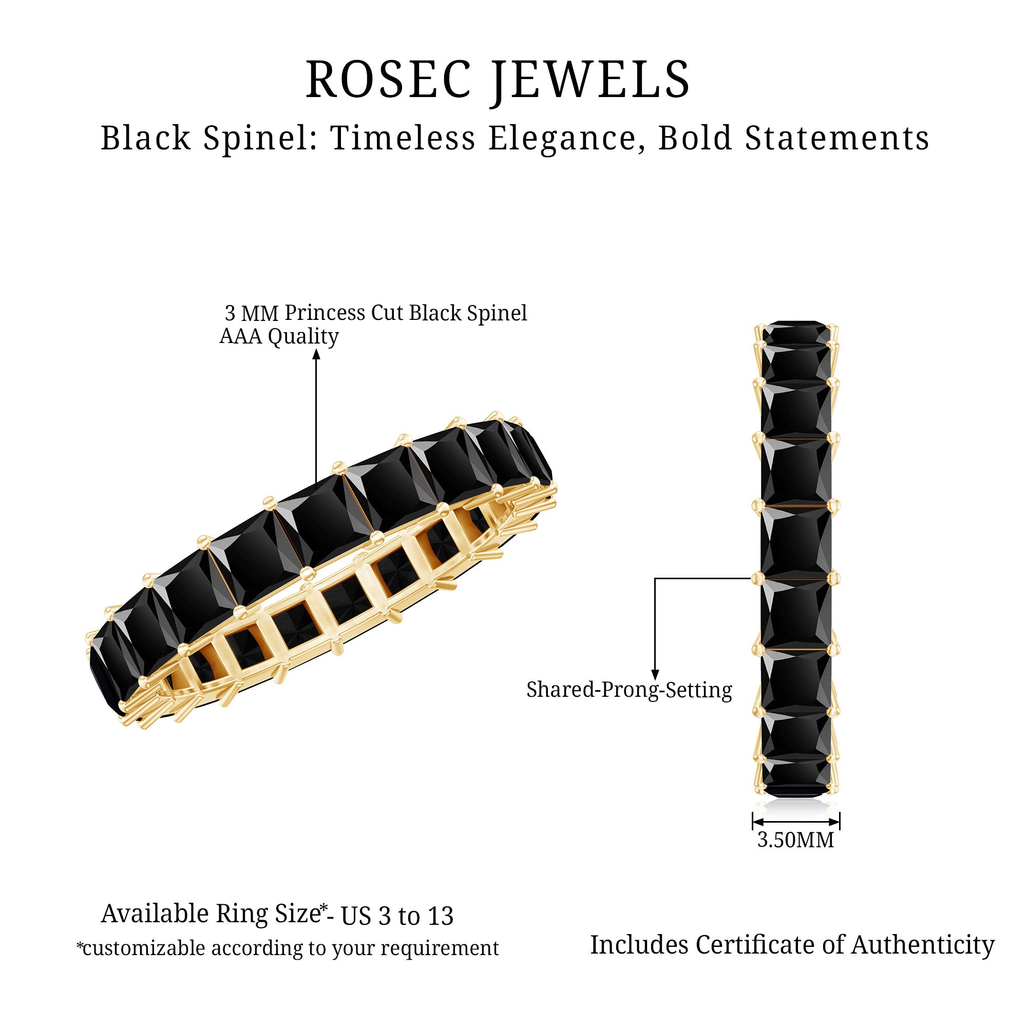 Certified Black Spinel Princess Cut Eternity Band Ring AAA - Rosec Jewels
