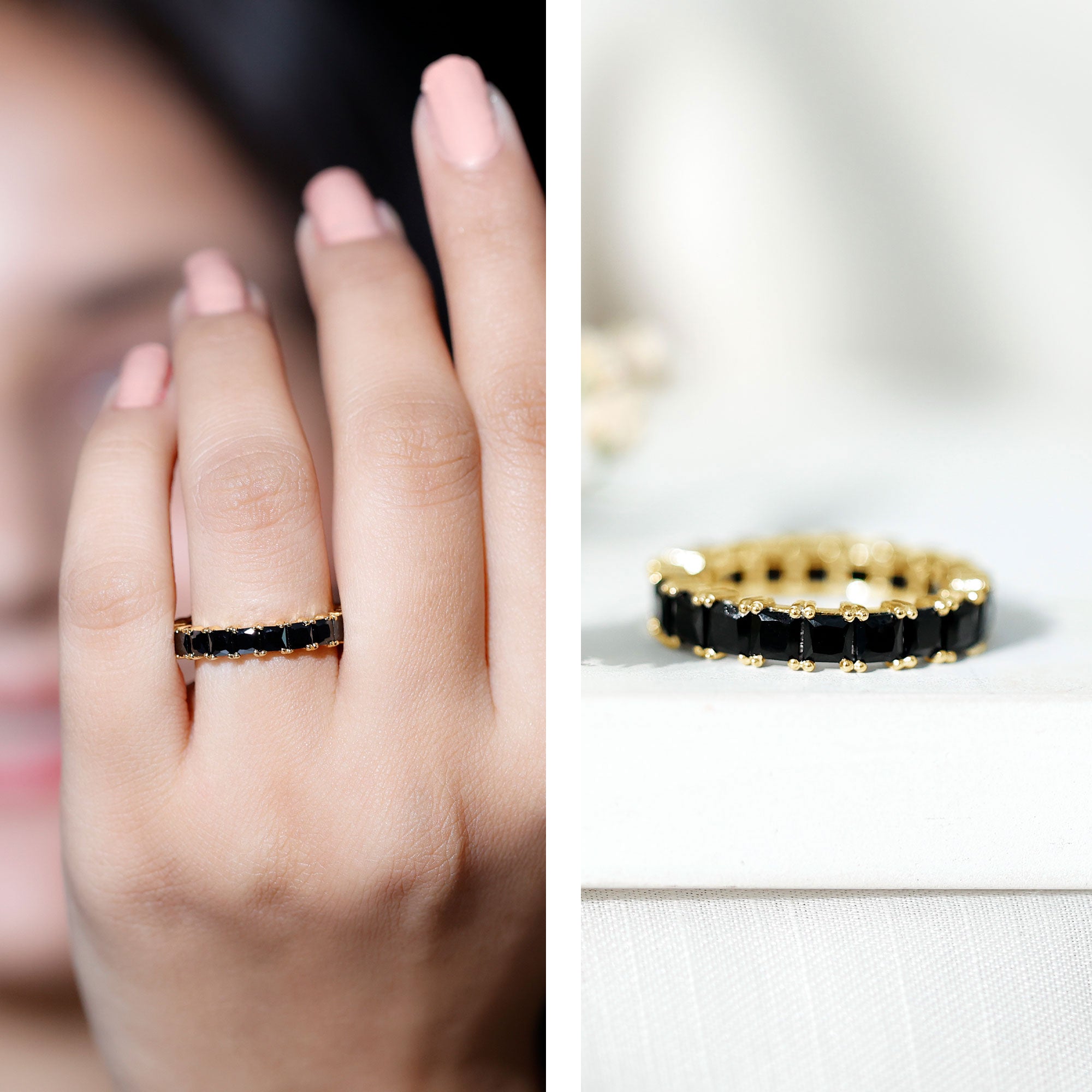 Certified Black Spinel Princess Cut Eternity Band Ring AAA - Rosec Jewels