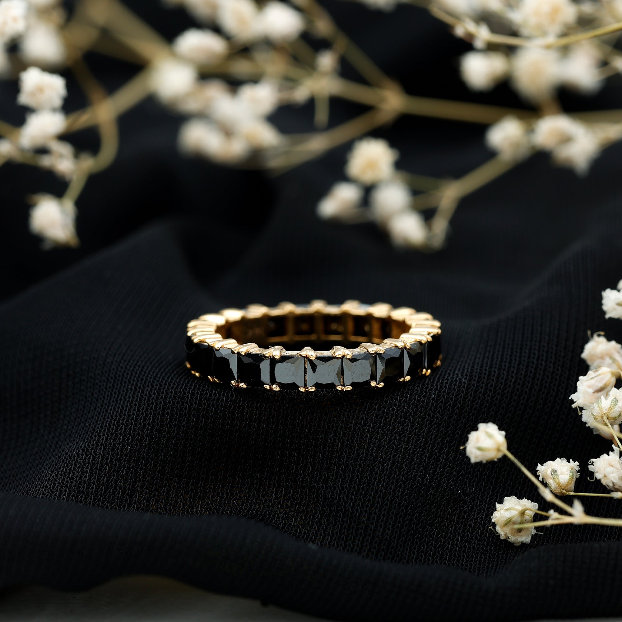 Certified Black Spinel Princess Cut Eternity Band Ring AAA - Rosec Jewels