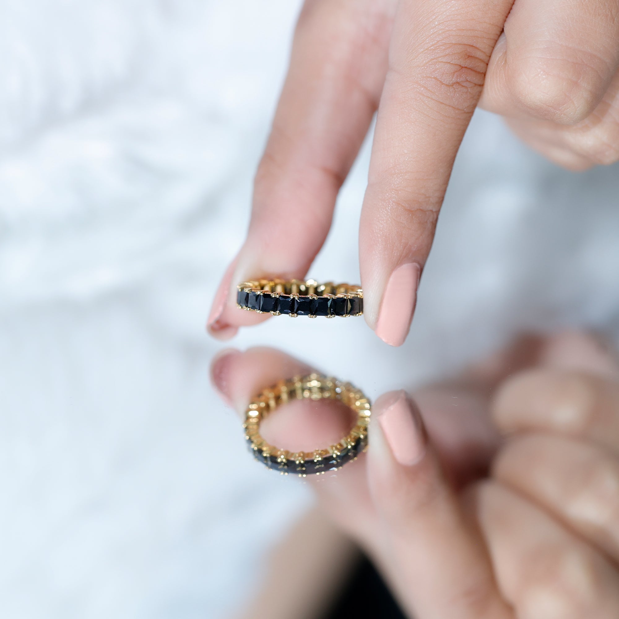 Certified Black Spinel Princess Cut Eternity Band Ring AAA - Rosec Jewels