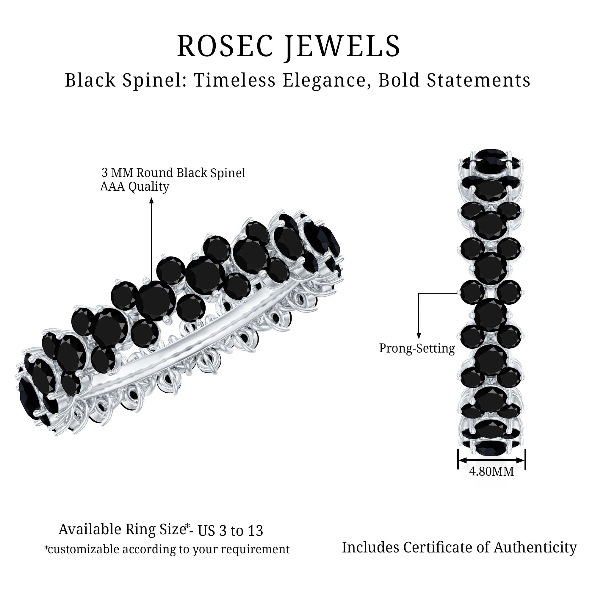 Certified Black Spinel Eternity Band Ring for Women AAA - Rosec Jewels