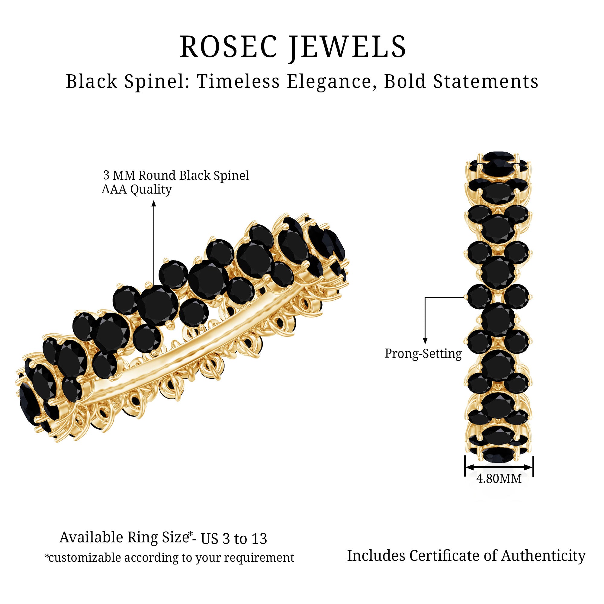 Certified Black Spinel Eternity Band Ring for Women AAA - Rosec Jewels