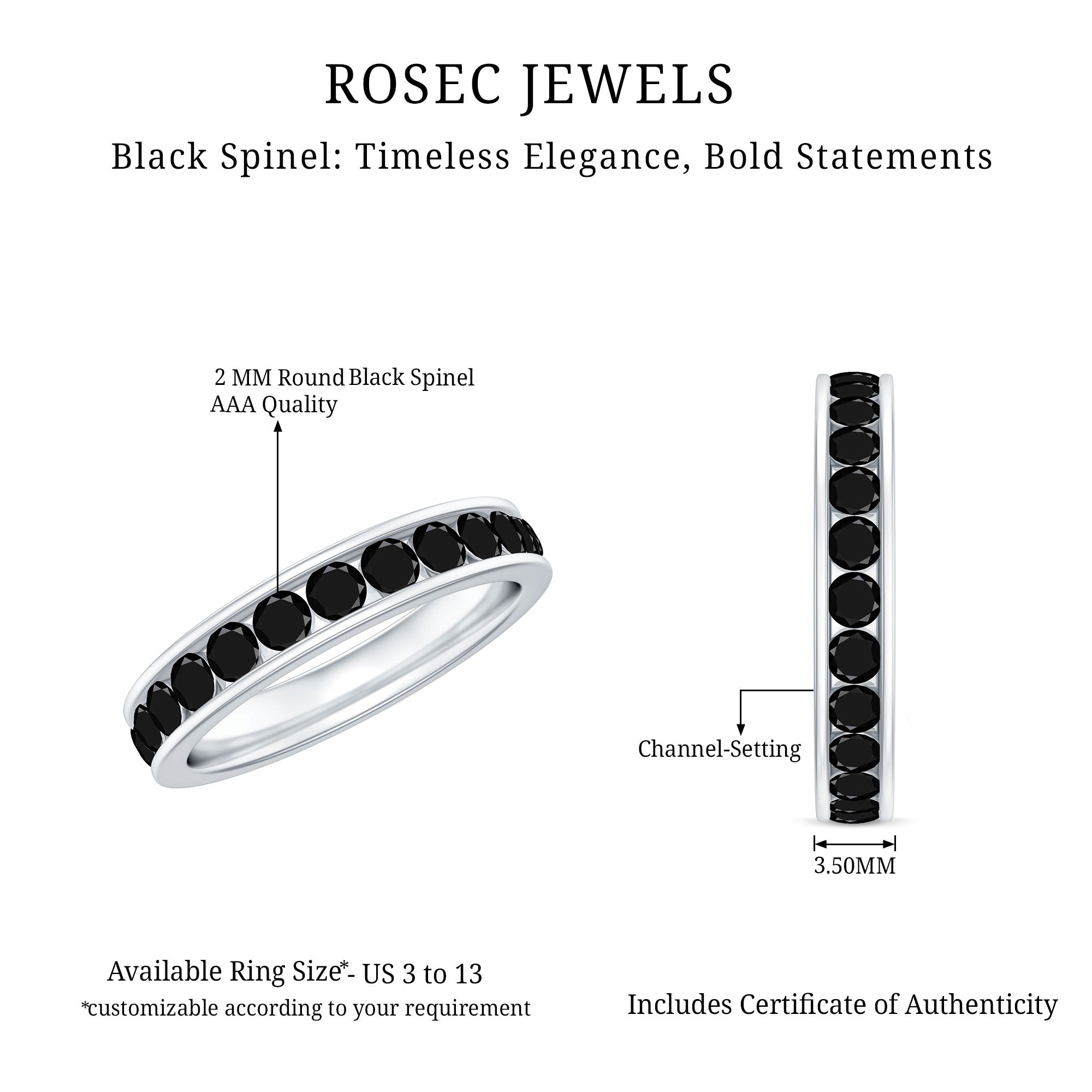 Natural Channel Set Black Spinel Eternity Ring for Anniversary AAA - Rosec Jewels