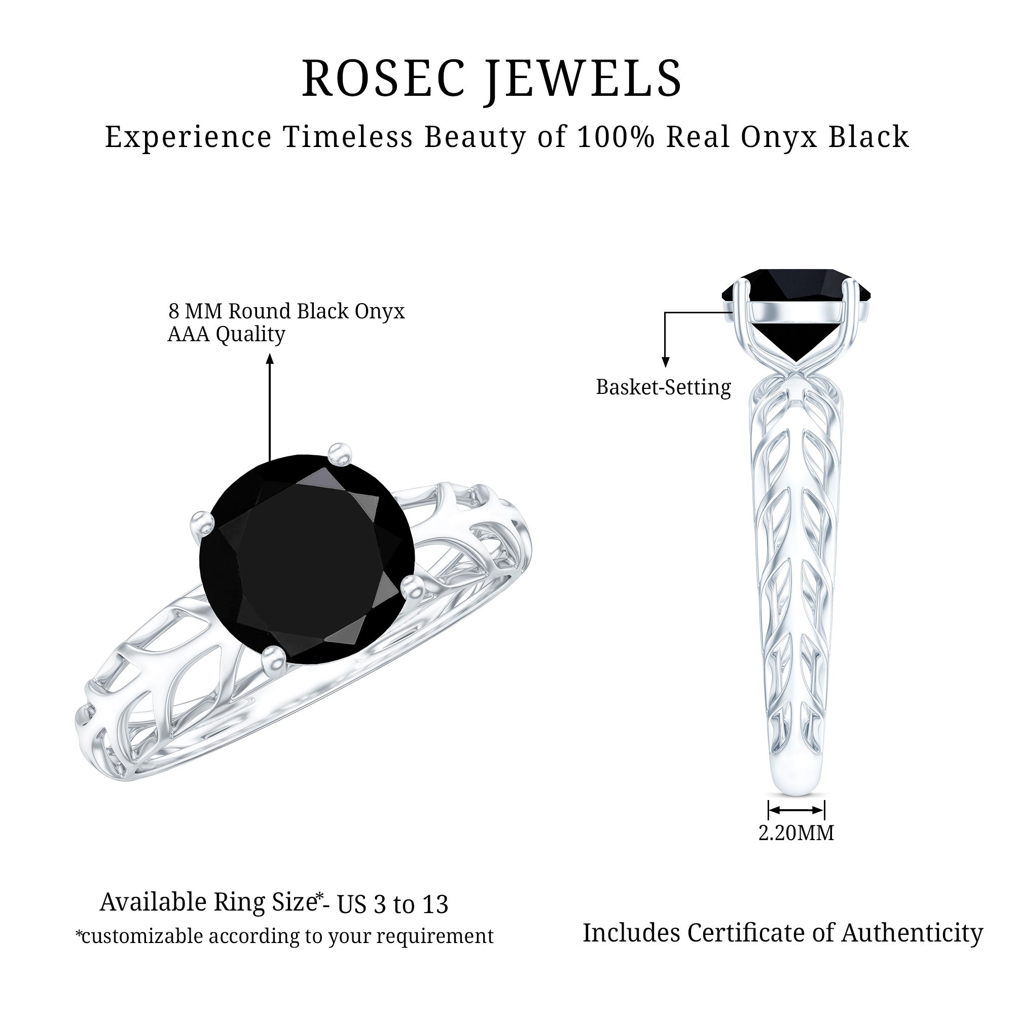 Round Cut Solitaire Black Onyx Engagement Ring with Certificate AAA - Rosec Jewels