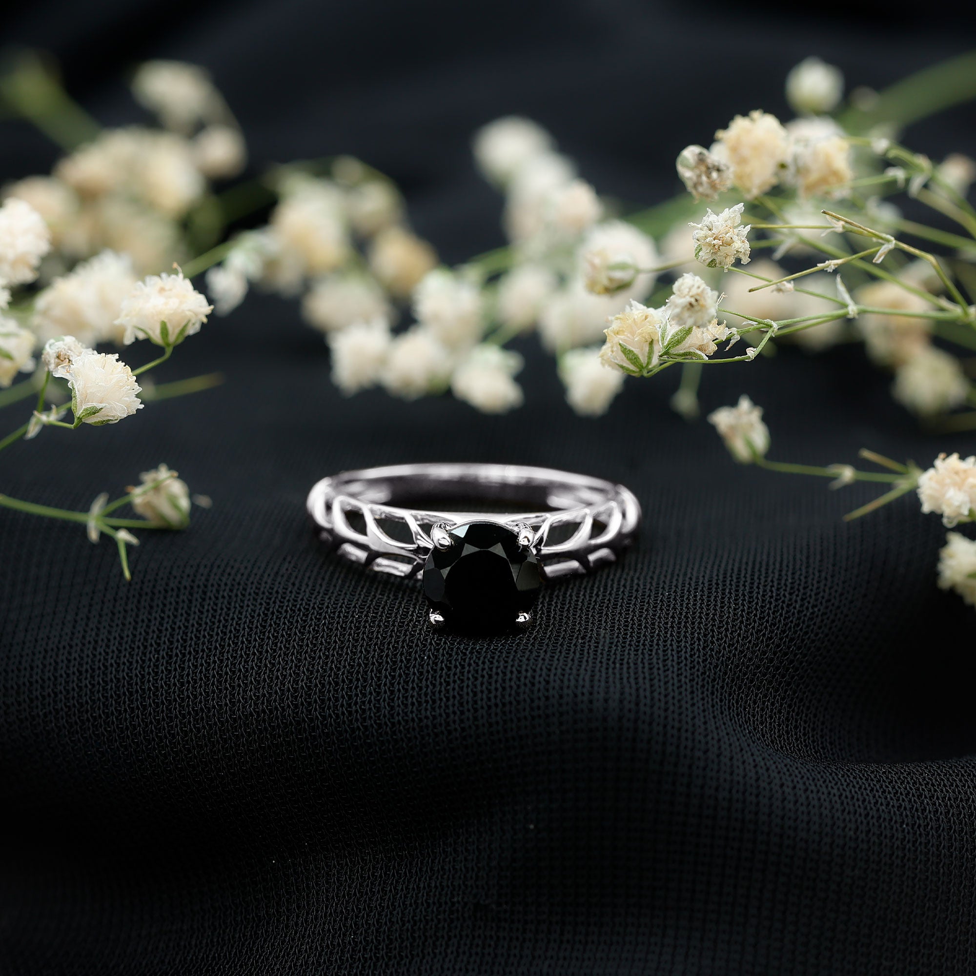 Round Cut Solitaire Black Onyx Engagement Ring with Certificate AAA - Rosec Jewels