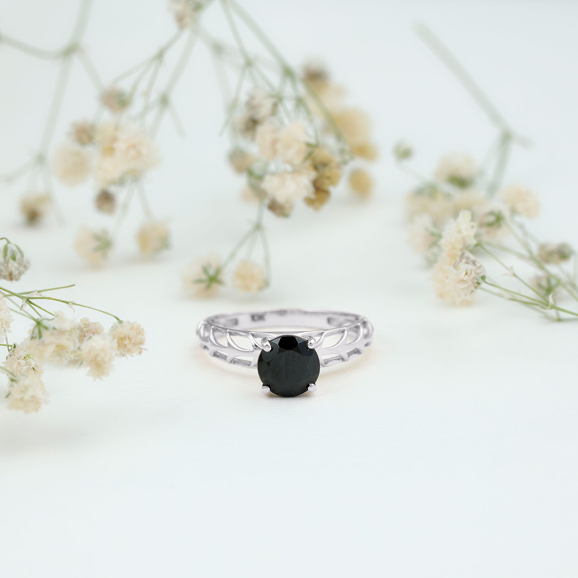 Round Cut Solitaire Black Onyx Engagement Ring with Certificate AAA - Rosec Jewels
