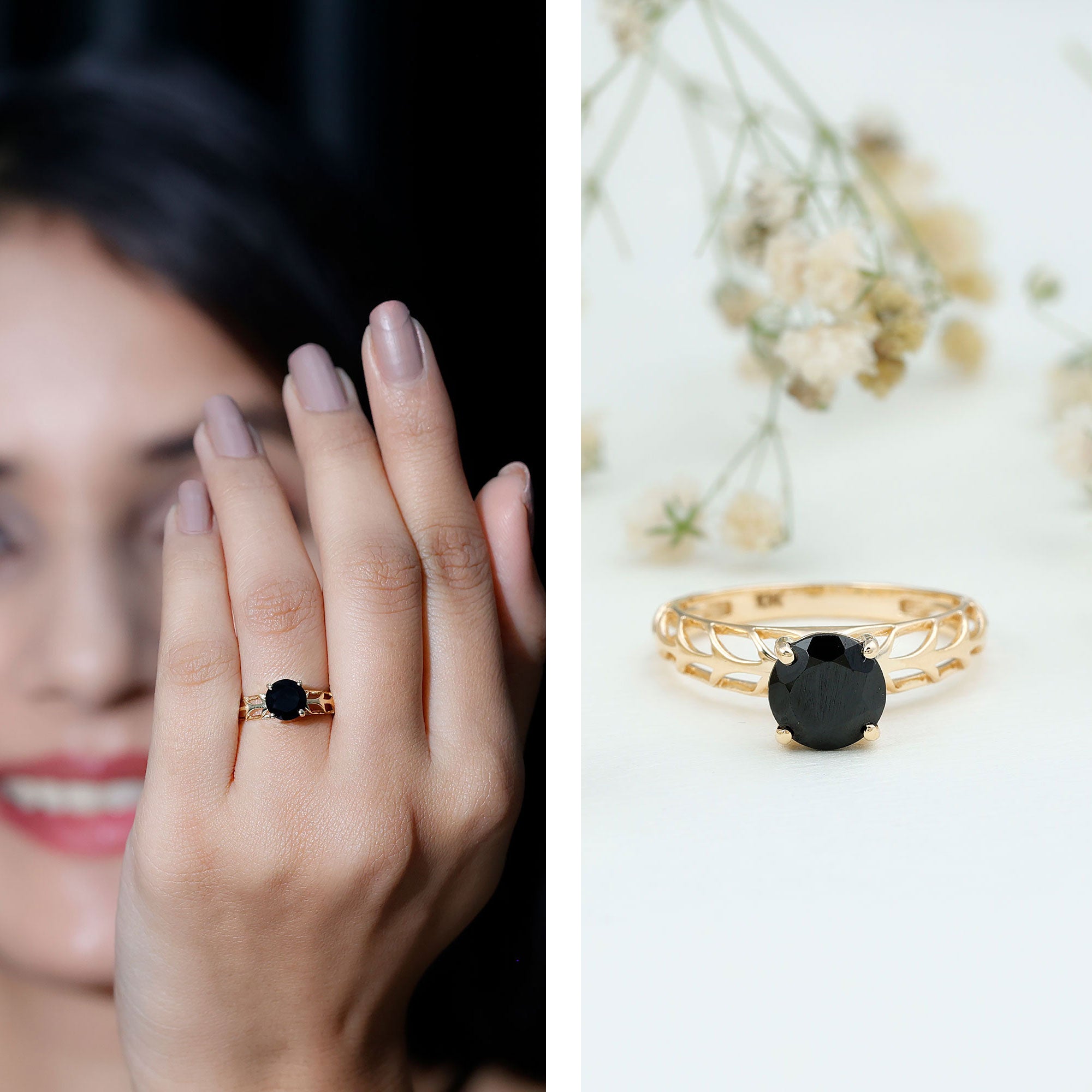 Round Cut Solitaire Black Onyx Engagement Ring with Certificate AAA - Rosec Jewels