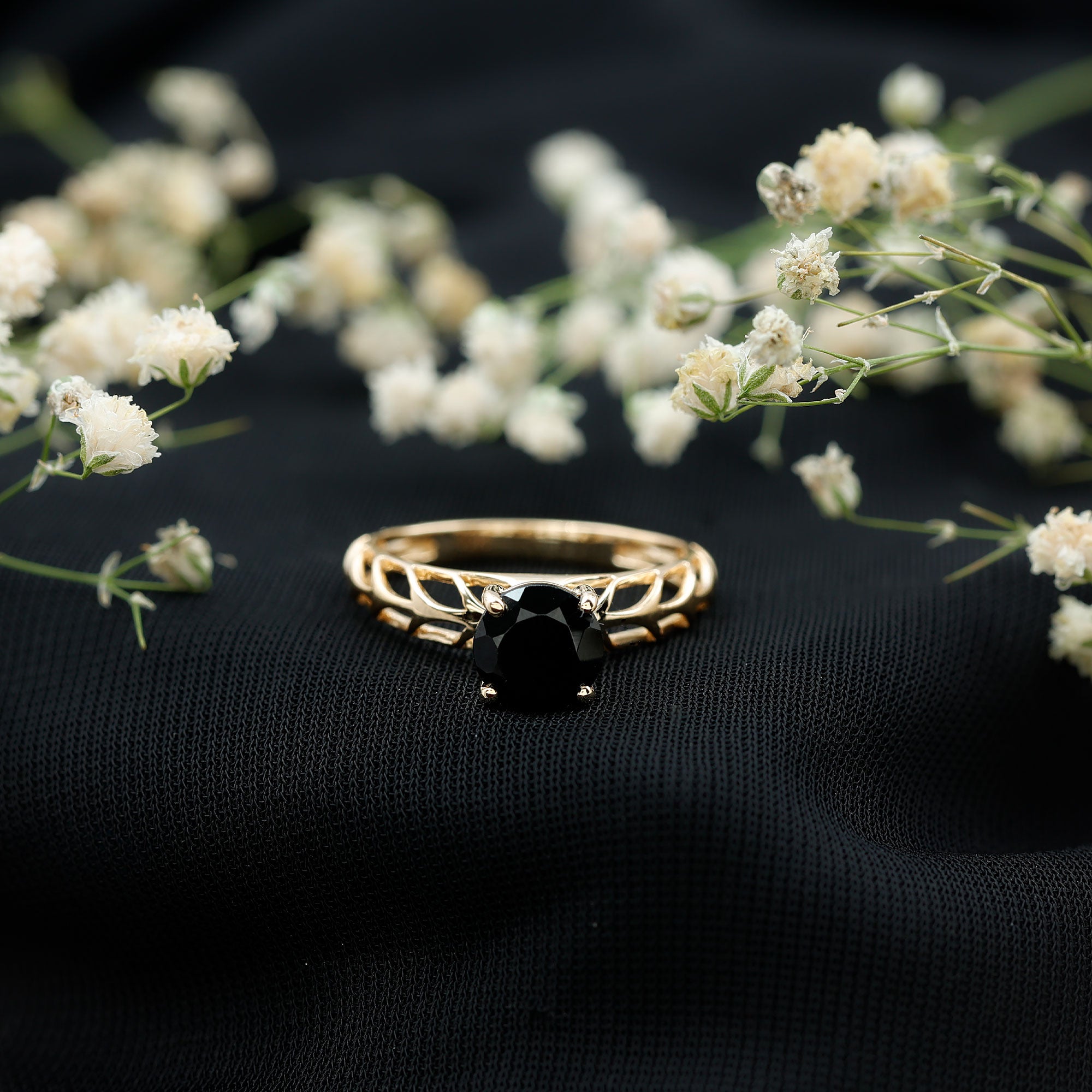 Round Cut Solitaire Black Onyx Engagement Ring with Certificate AAA - Rosec Jewels