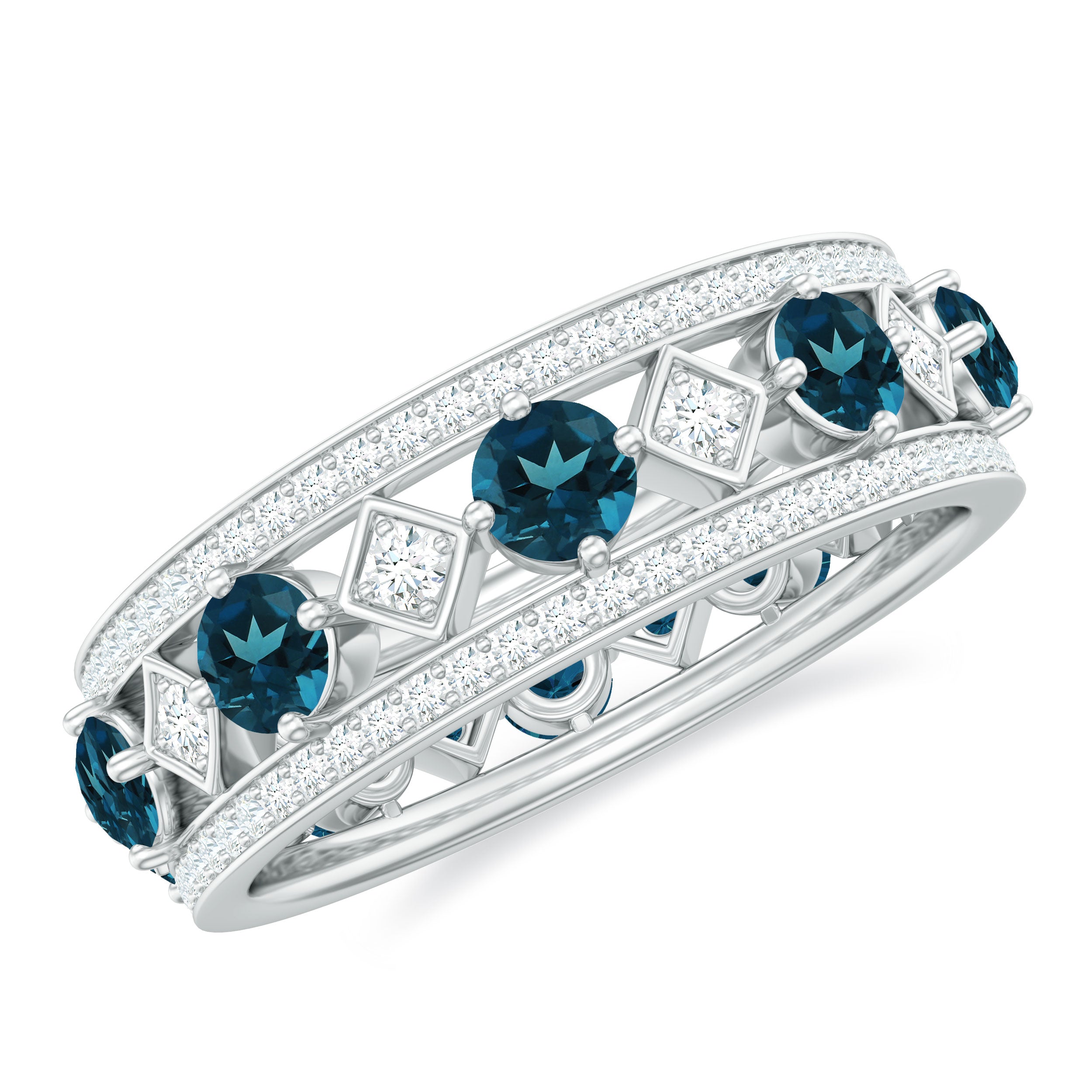 London Blue Topaz Vintage Inspired Eternity Band with Diamond