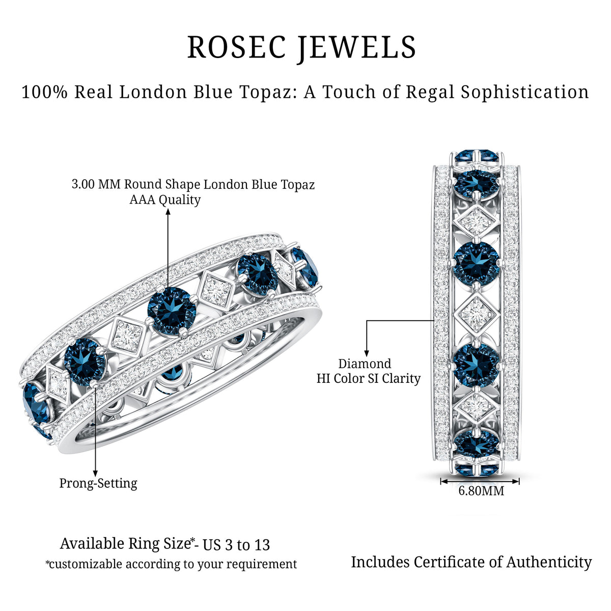 London Blue Topaz Vintage Inspired Eternity Band with Diamond AAA - Rosec Jewels