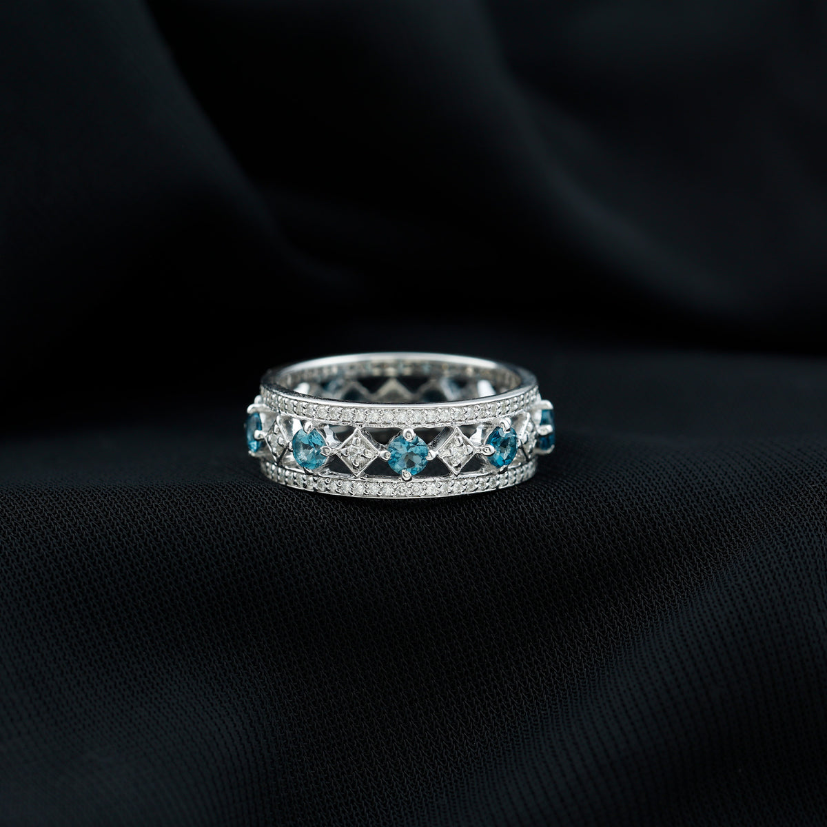London Blue Topaz Vintage Inspired Eternity Band with Diamond AAA - Rosec Jewels