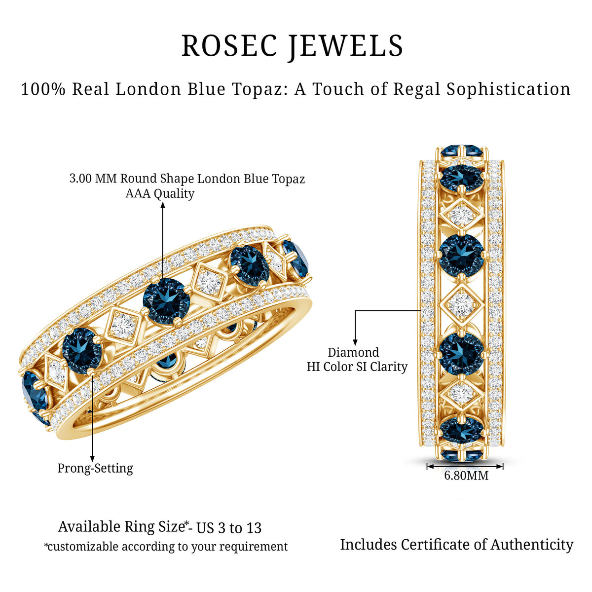London Blue Topaz Vintage Inspired Eternity Band with Diamond AAA - Rosec Jewels