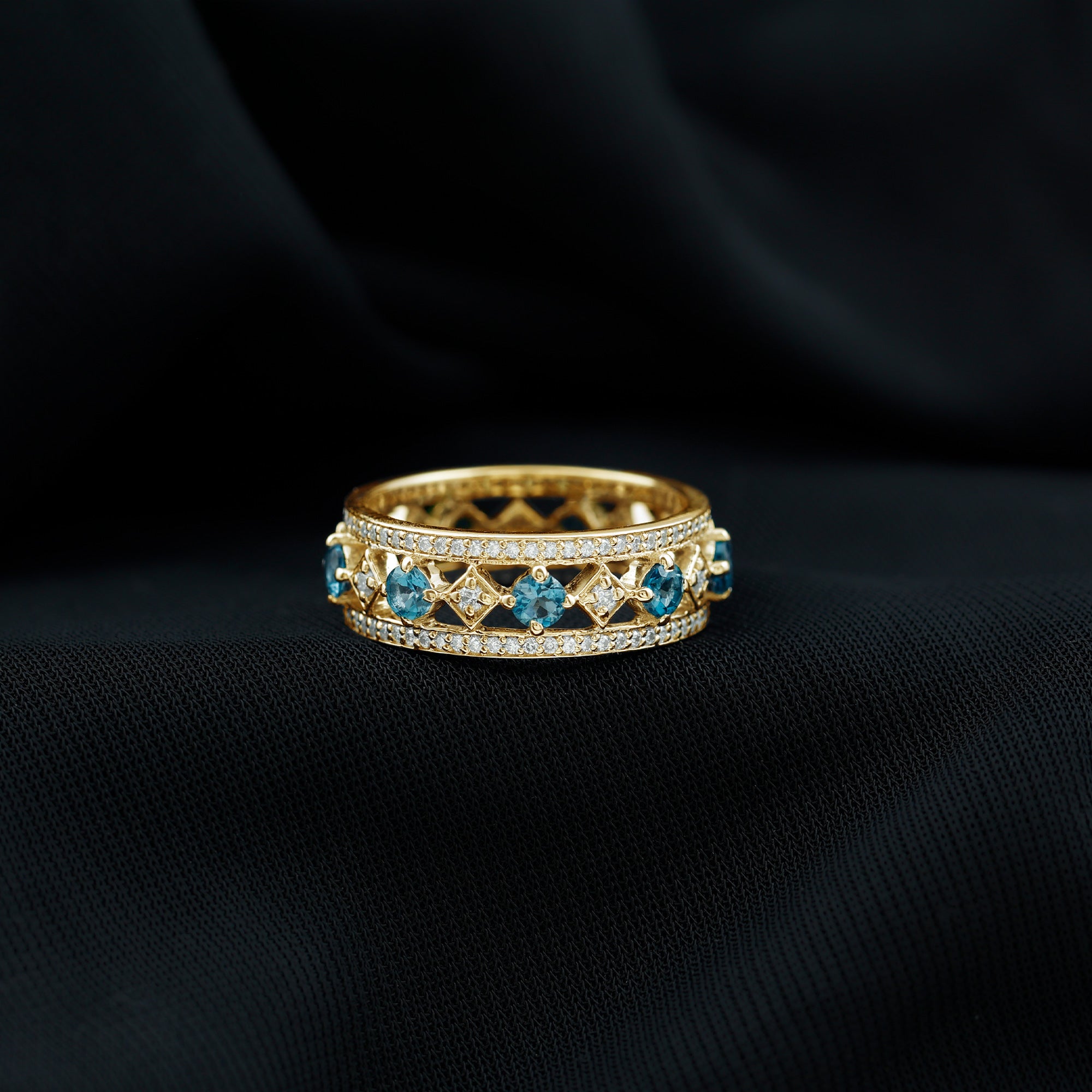London Blue Topaz Vintage Inspired Eternity Band with Diamond AAA - Rosec Jewels