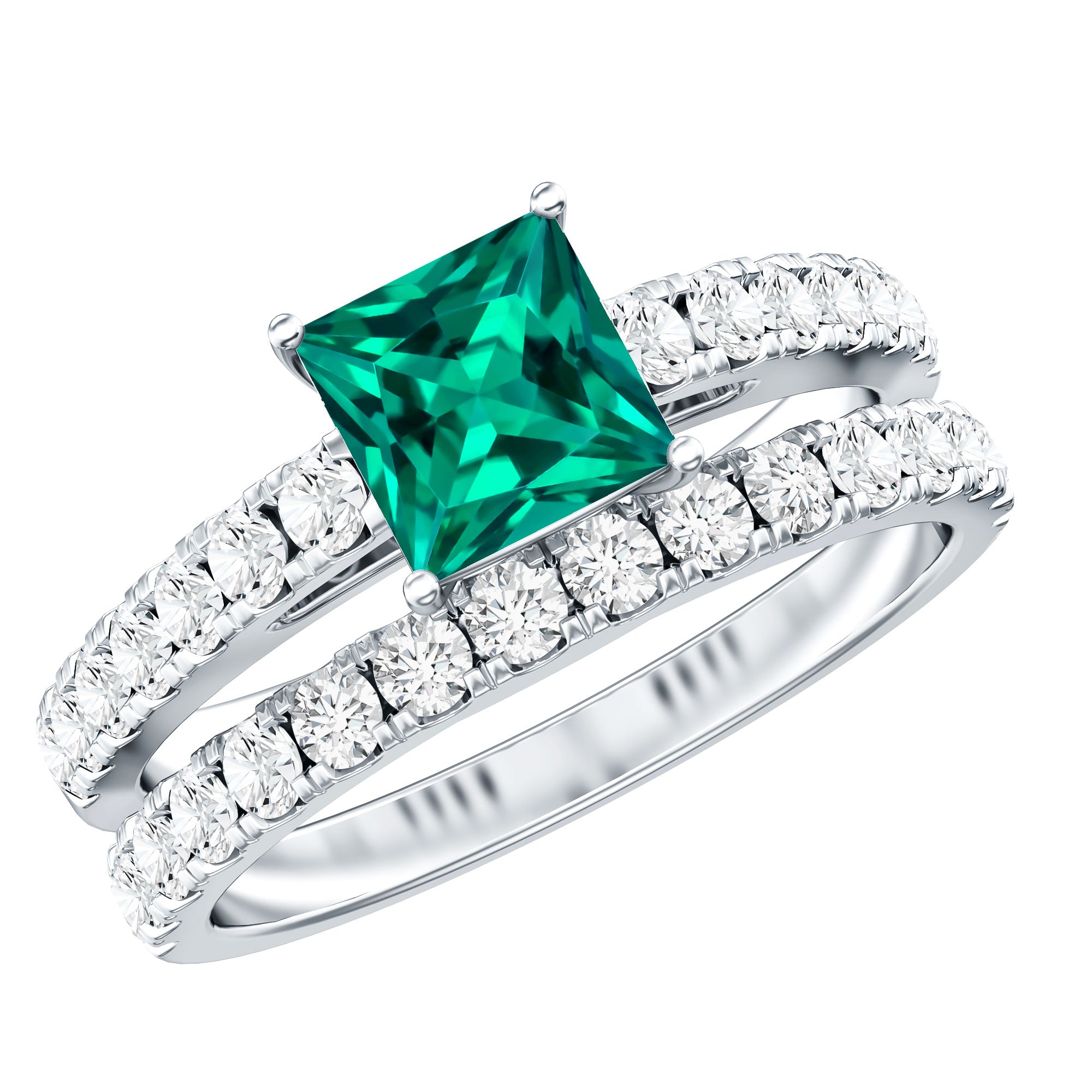 Lab Grown Emerald Princess Cut Engagement Ring with Wedding Band AAAA - Rosec Jewels