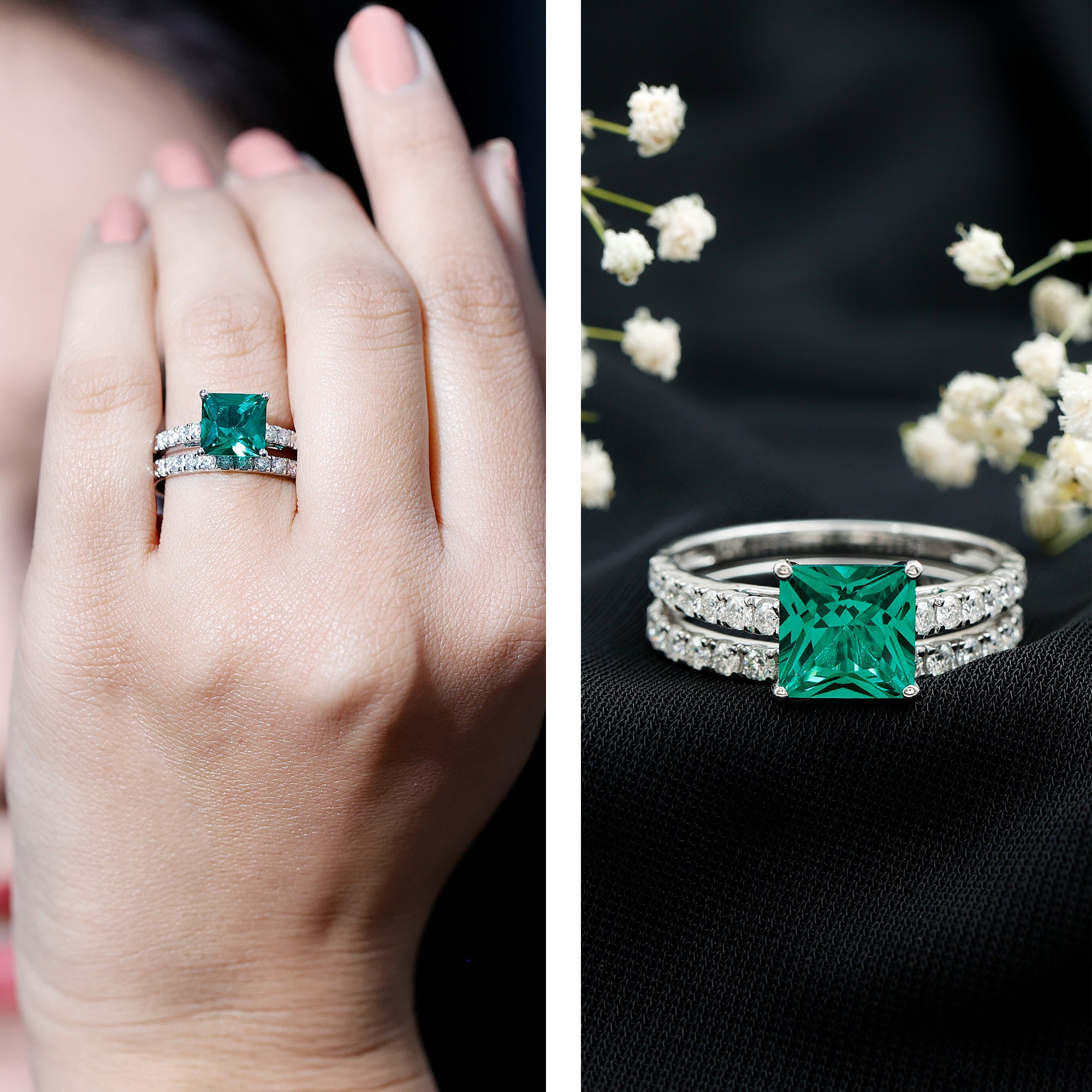 Lab Grown Emerald Princess Cut Engagement Ring with Wedding Band AAAA - Rosec Jewels