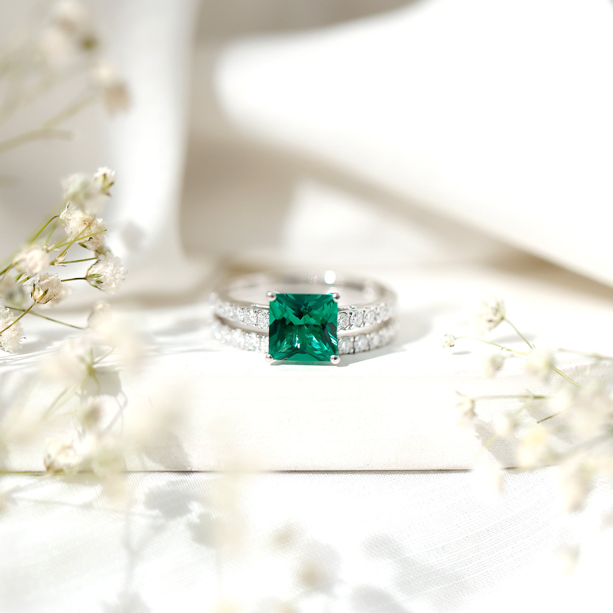 Lab Grown Emerald Princess Cut Engagement Ring with Wedding Band AAAA - Rosec Jewels