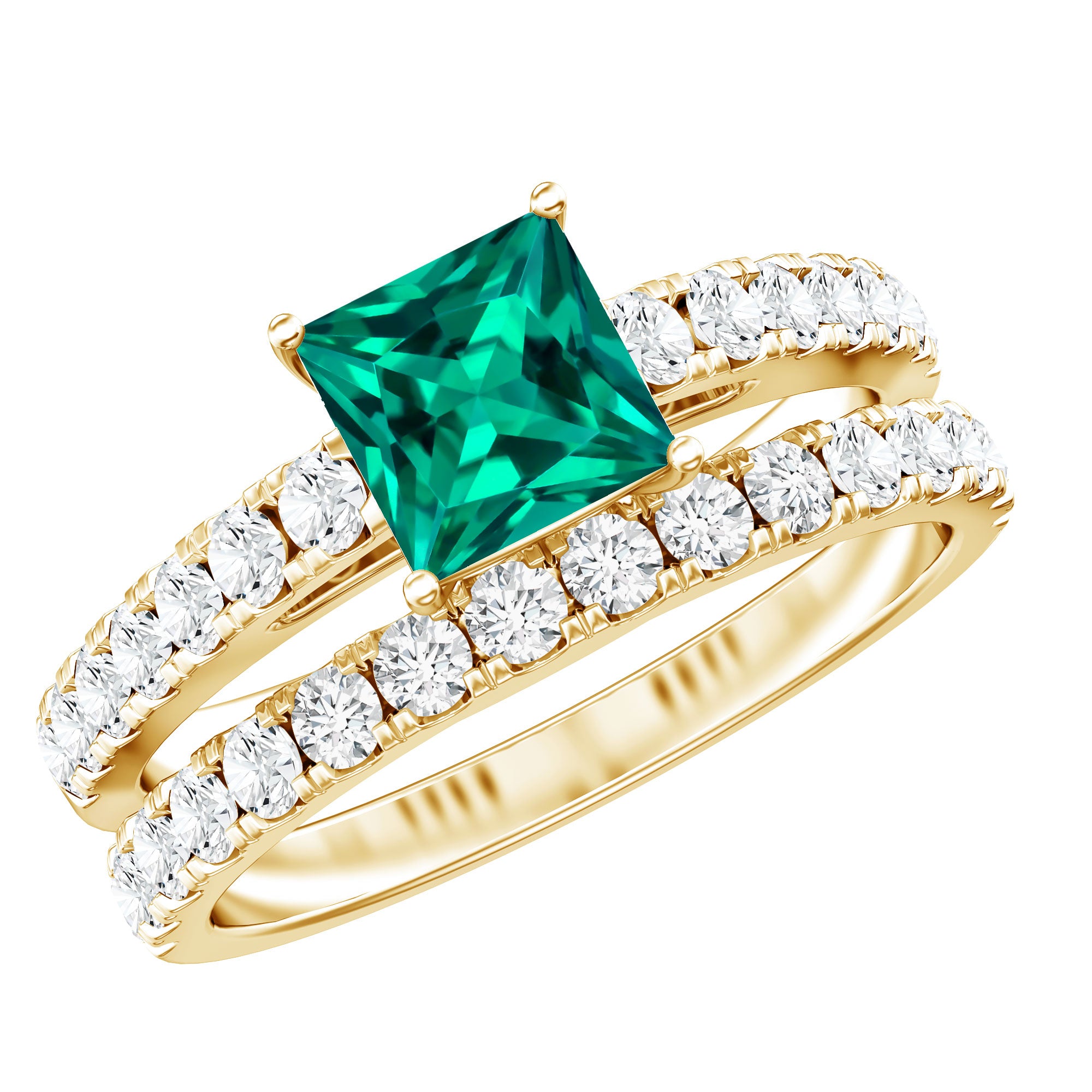Lab Grown Emerald Princess Cut Engagement Ring with Wedding Band AAAA - Rosec Jewels