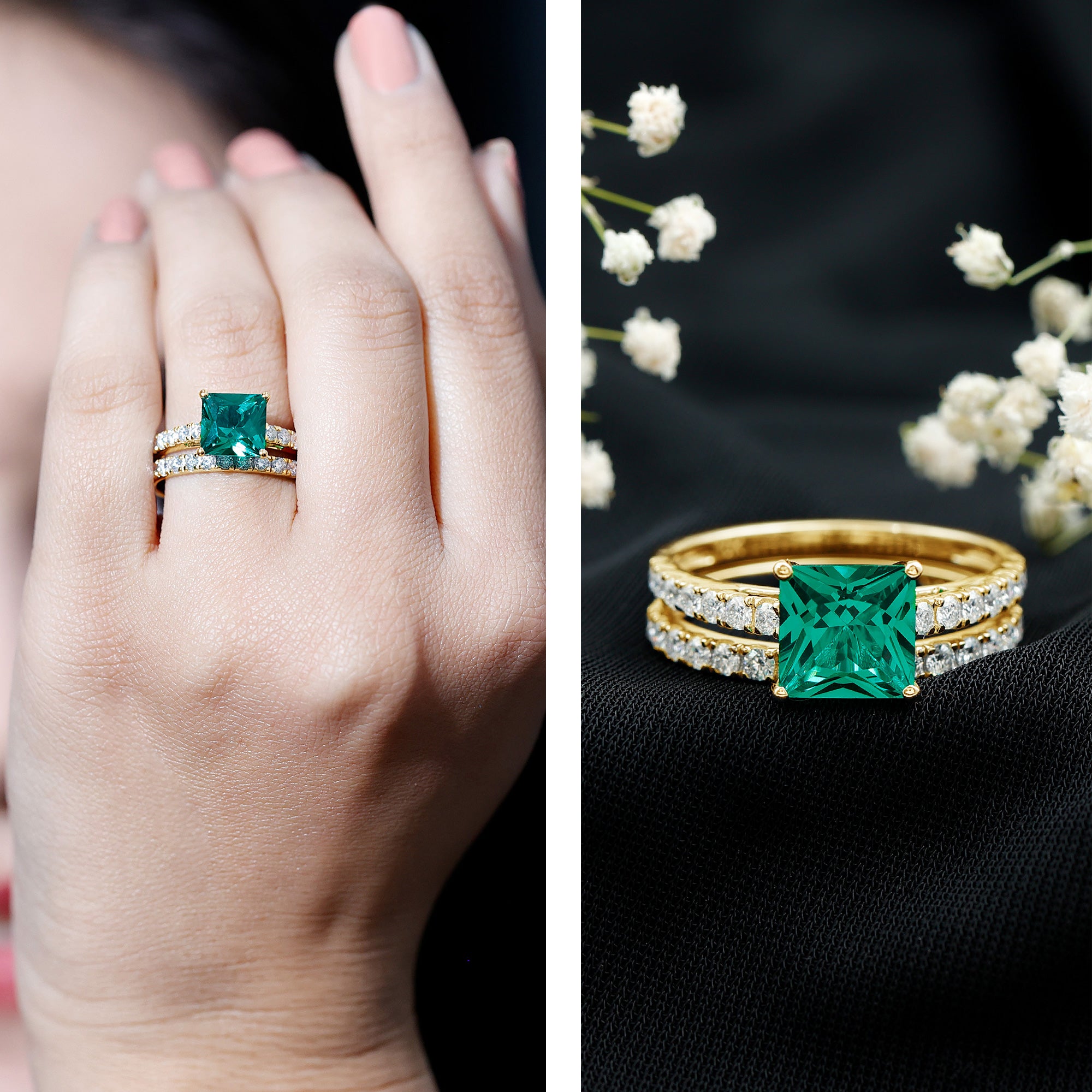 Lab Grown Emerald Princess Cut Engagement Ring with Wedding Band AAAA - Rosec Jewels