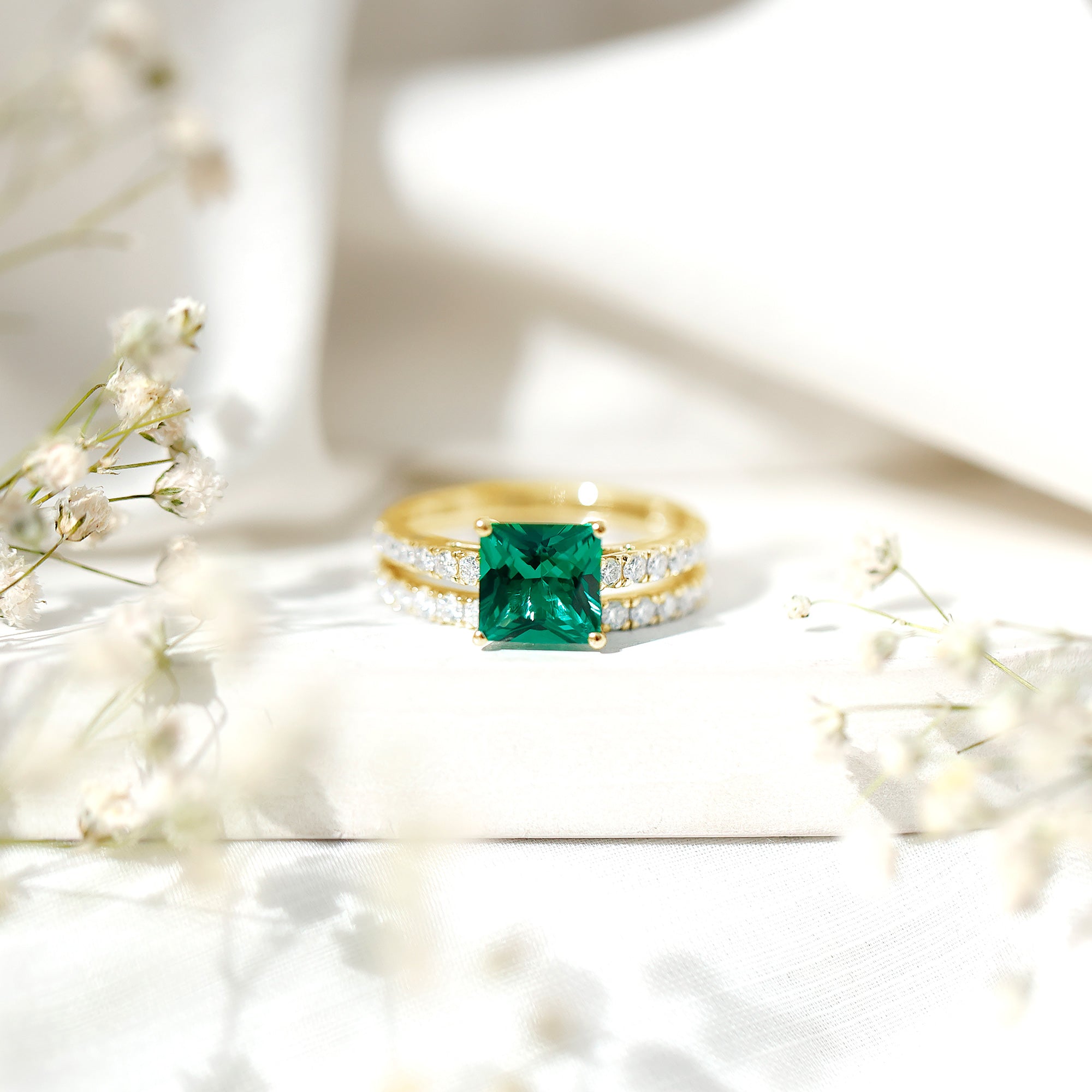 Lab Grown Emerald Princess Cut Engagement Ring with Wedding Band AAAA - Rosec Jewels