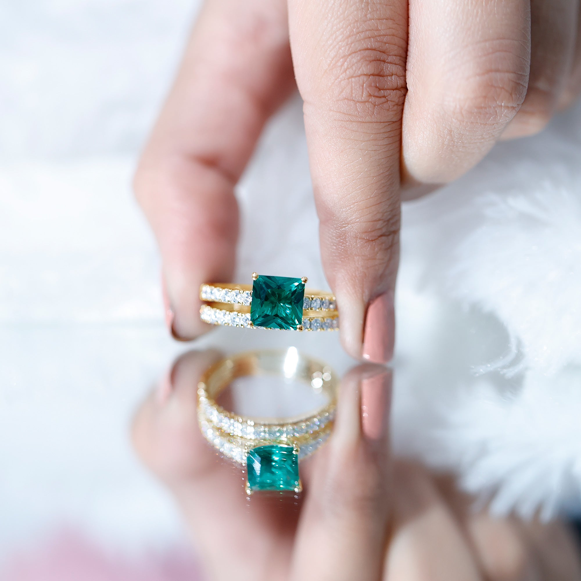 Lab Grown Emerald Princess Cut Engagement Ring with Wedding Band AAAA - Rosec Jewels