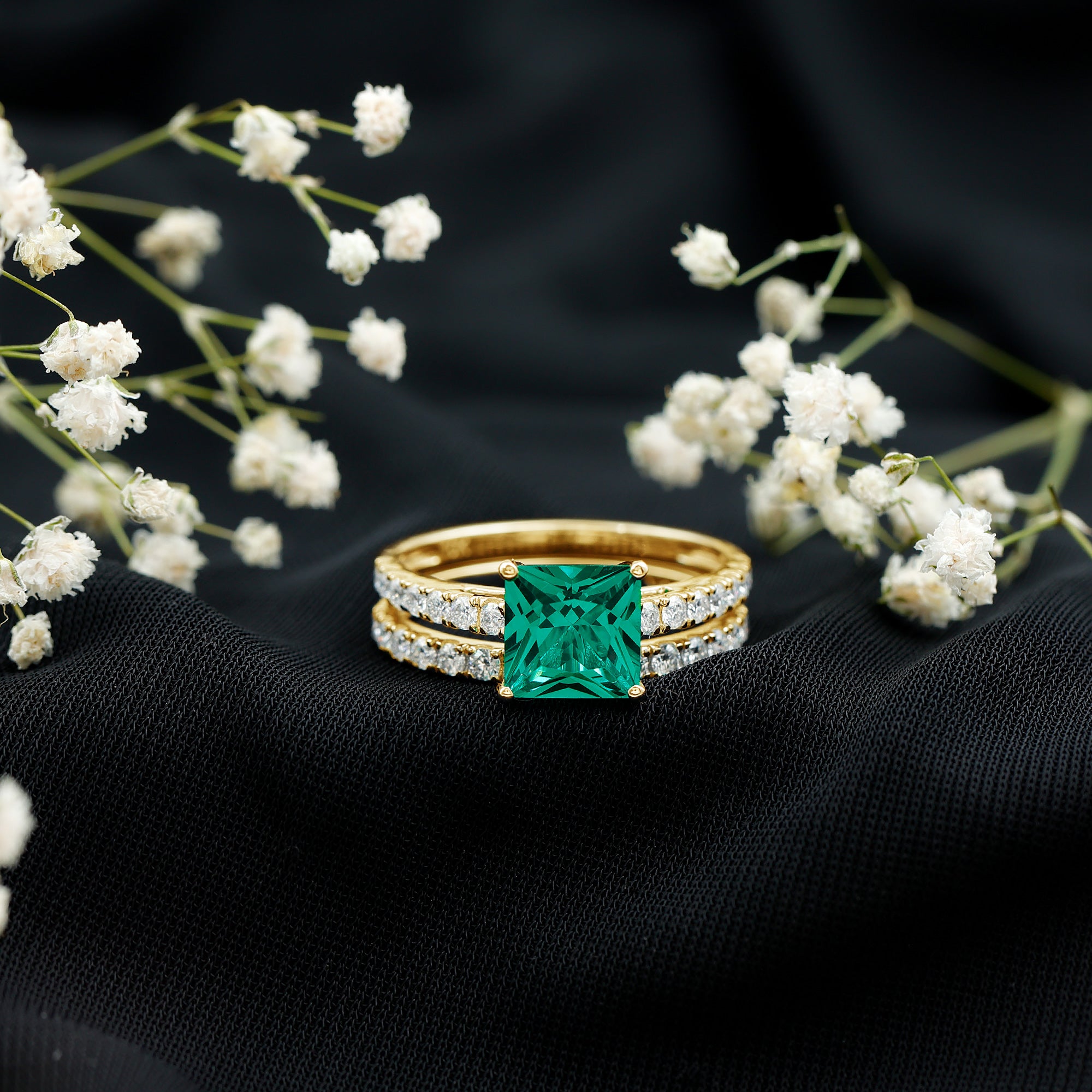Lab Grown Emerald Princess Cut Engagement Ring with Wedding Band AAAA - Rosec Jewels