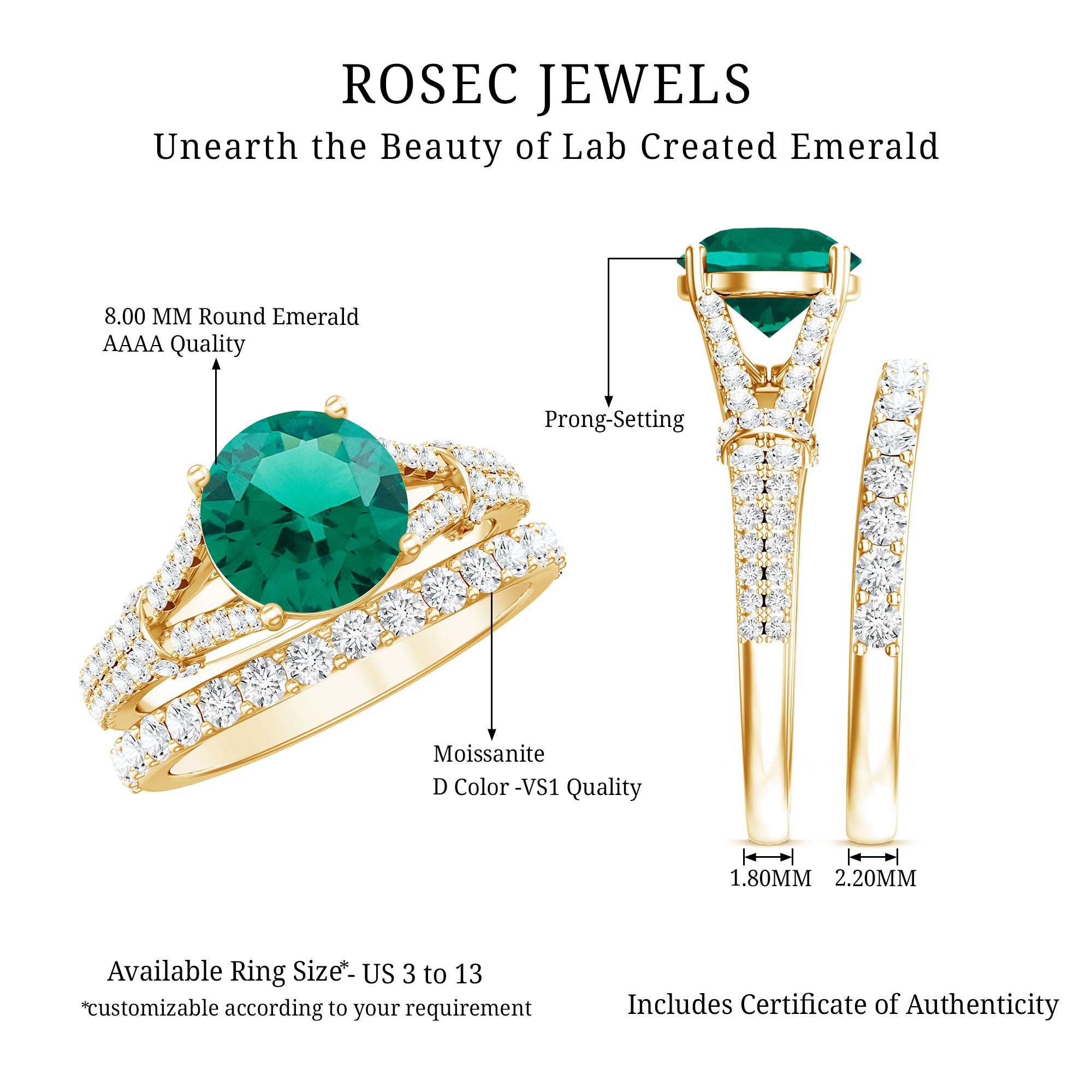 Rosec Jewels-Designer Lab Grown Emerald Engagement Ring with Wedding Band