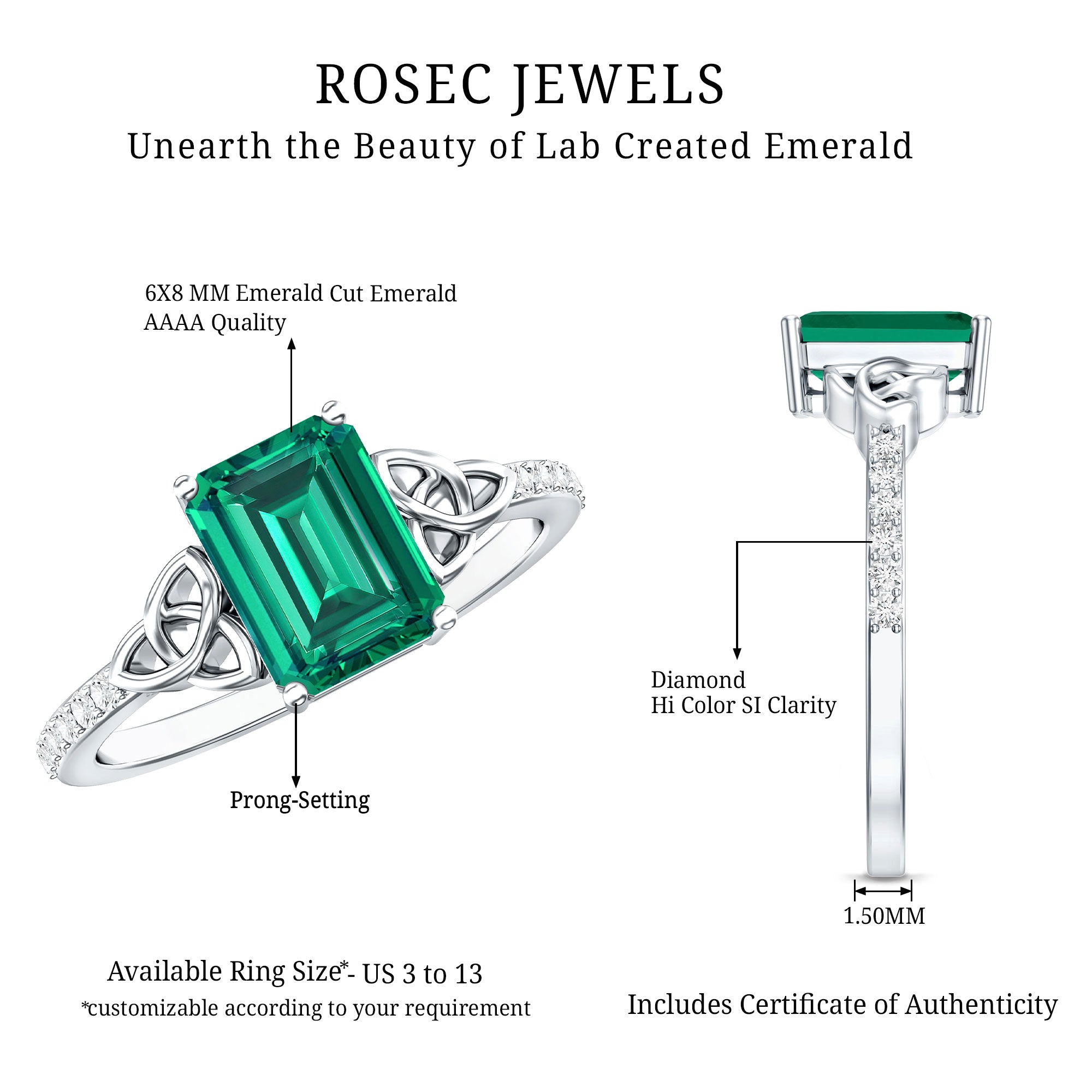 Solitaire Lab Created Emerald Celtic Engagement Ring with Diamond AAAA - Rosec Jewels