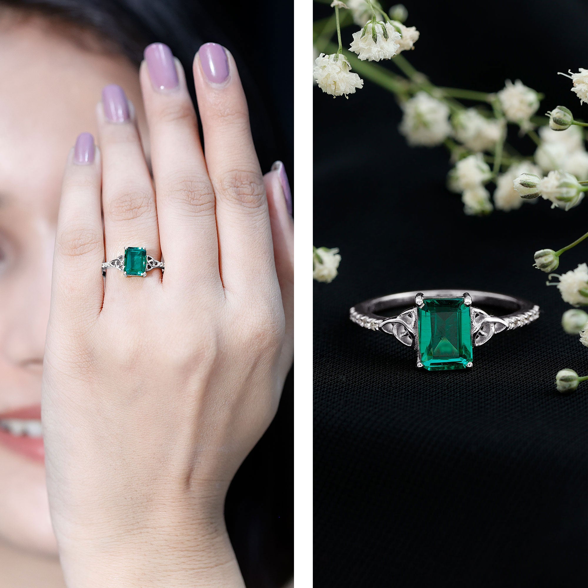 Solitaire Lab Created Emerald Celtic Engagement Ring with Diamond AAAA - Rosec Jewels