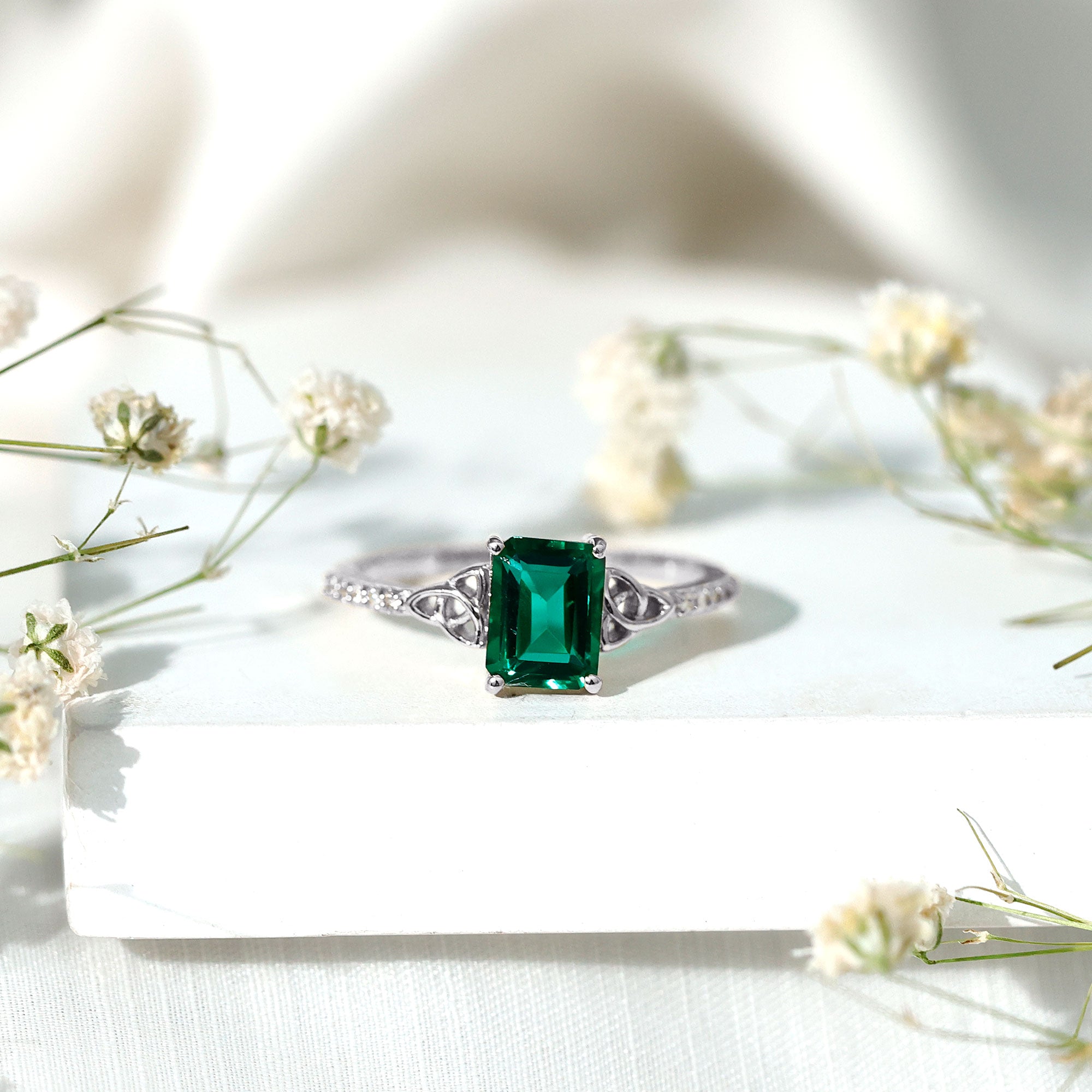 Solitaire Lab Created Emerald Celtic Engagement Ring with Diamond AAAA - Rosec Jewels