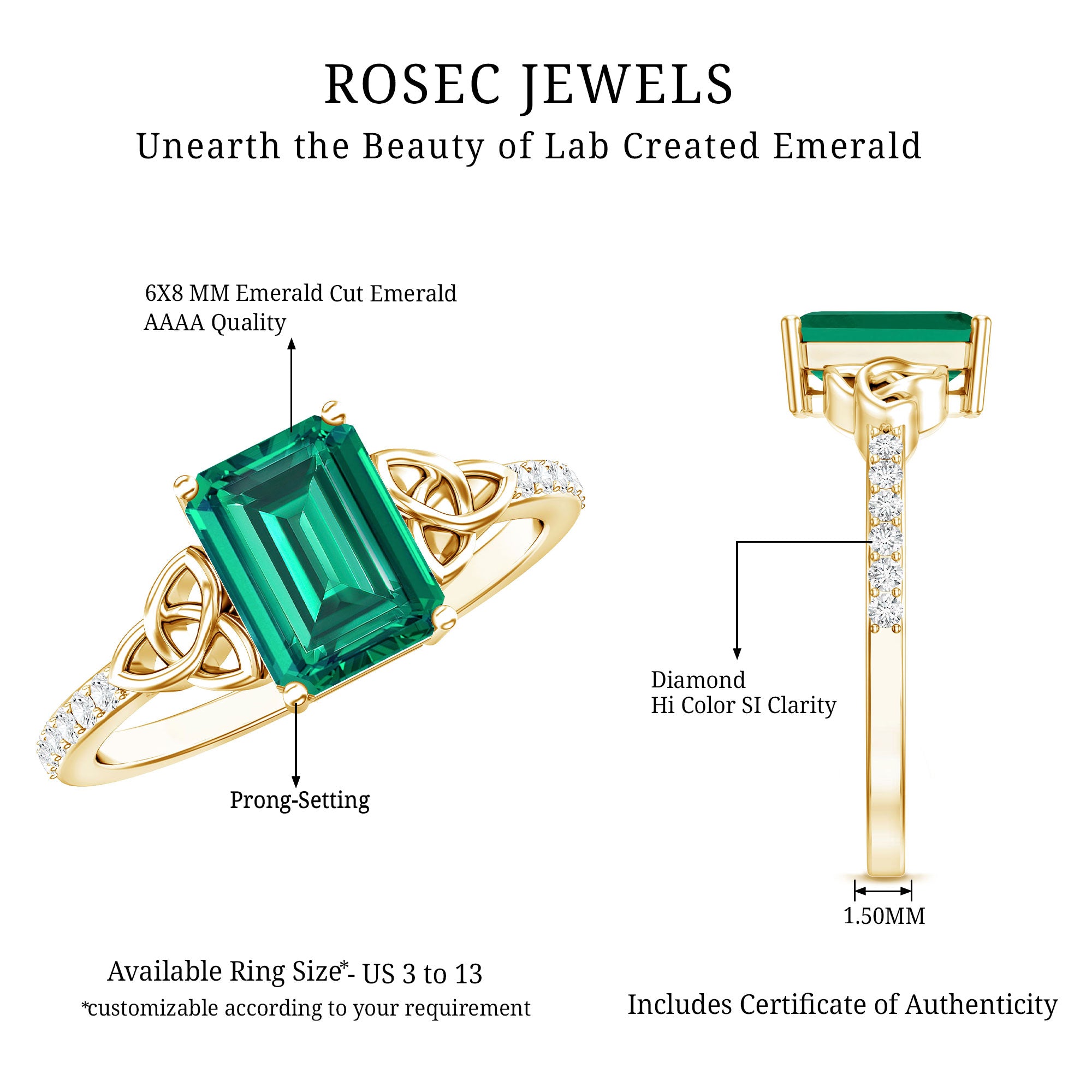 Solitaire Lab Created Emerald Celtic Engagement Ring with Diamond AAAA - Rosec Jewels