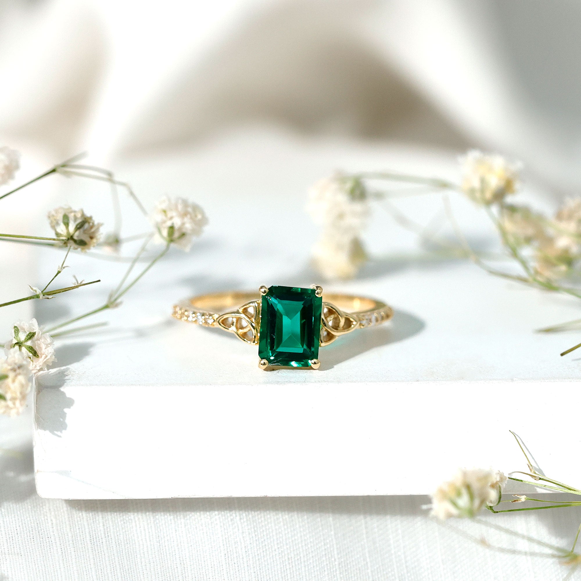Solitaire Lab Created Emerald Celtic Engagement Ring with Diamond AAAA - Rosec Jewels