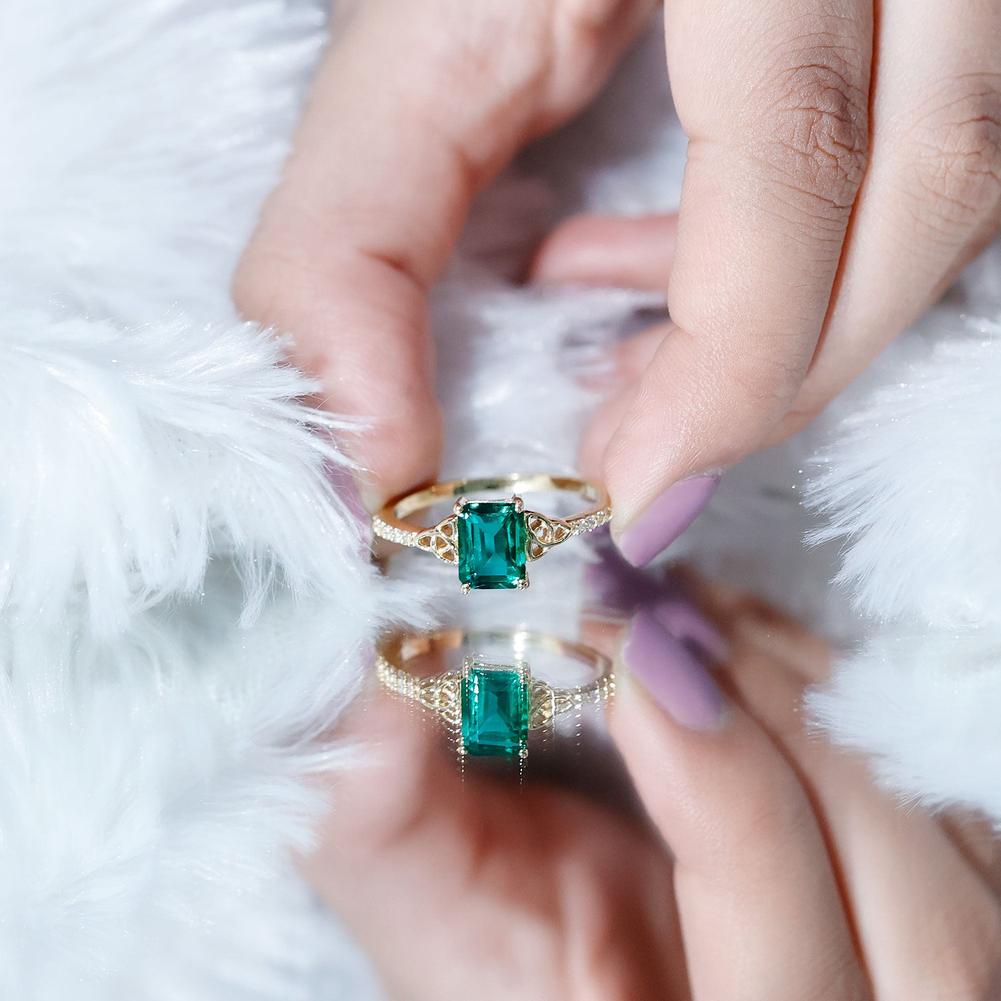 Solitaire Lab Created Emerald Celtic Engagement Ring with Diamond AAAA - Rosec Jewels