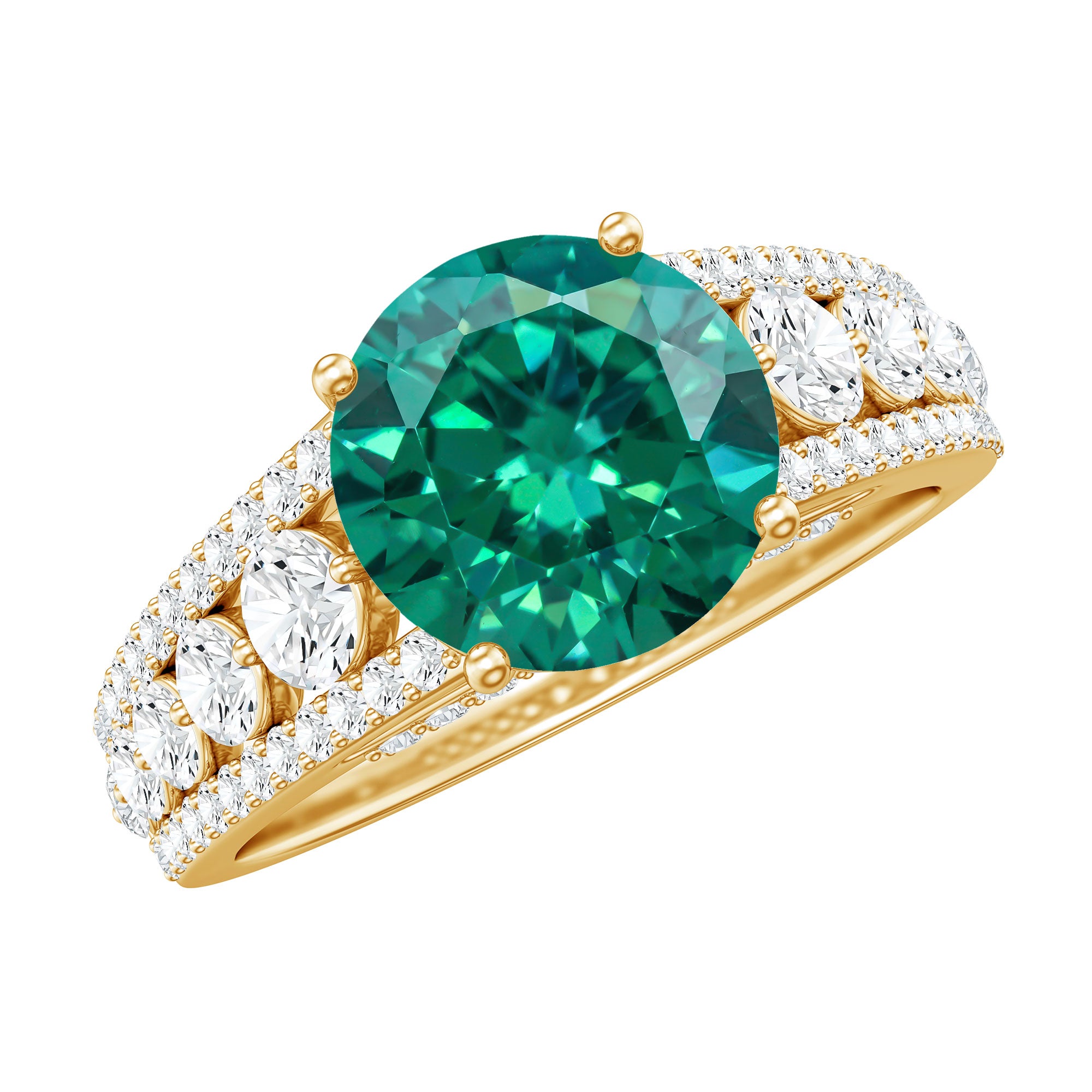 Certified 8 mm Lab Grown Emerald Statement Engagement Ring with Side Stones AAAA - Rosec Jewels