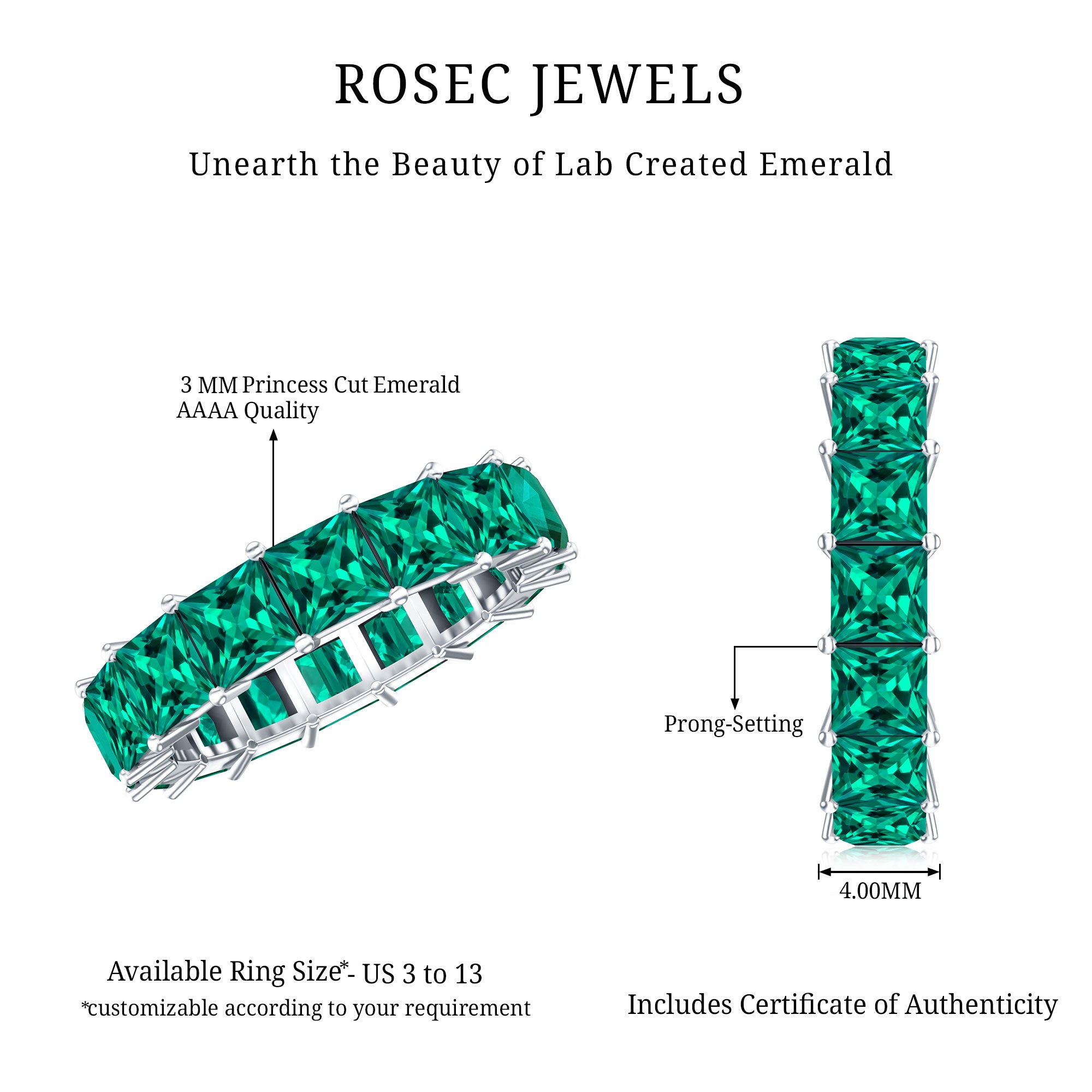 Princess Cut Lab Created Emerald Full Eternity Band AAAA - Rosec Jewels