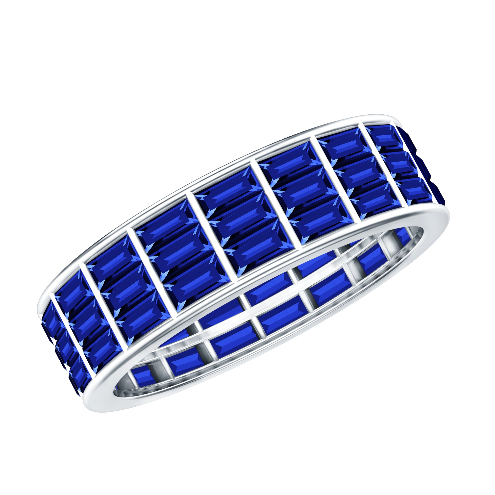 Channel Set Lab Grown Blue Sapphire Wide Eternity Band Ring AAAA - Rosec Jewels