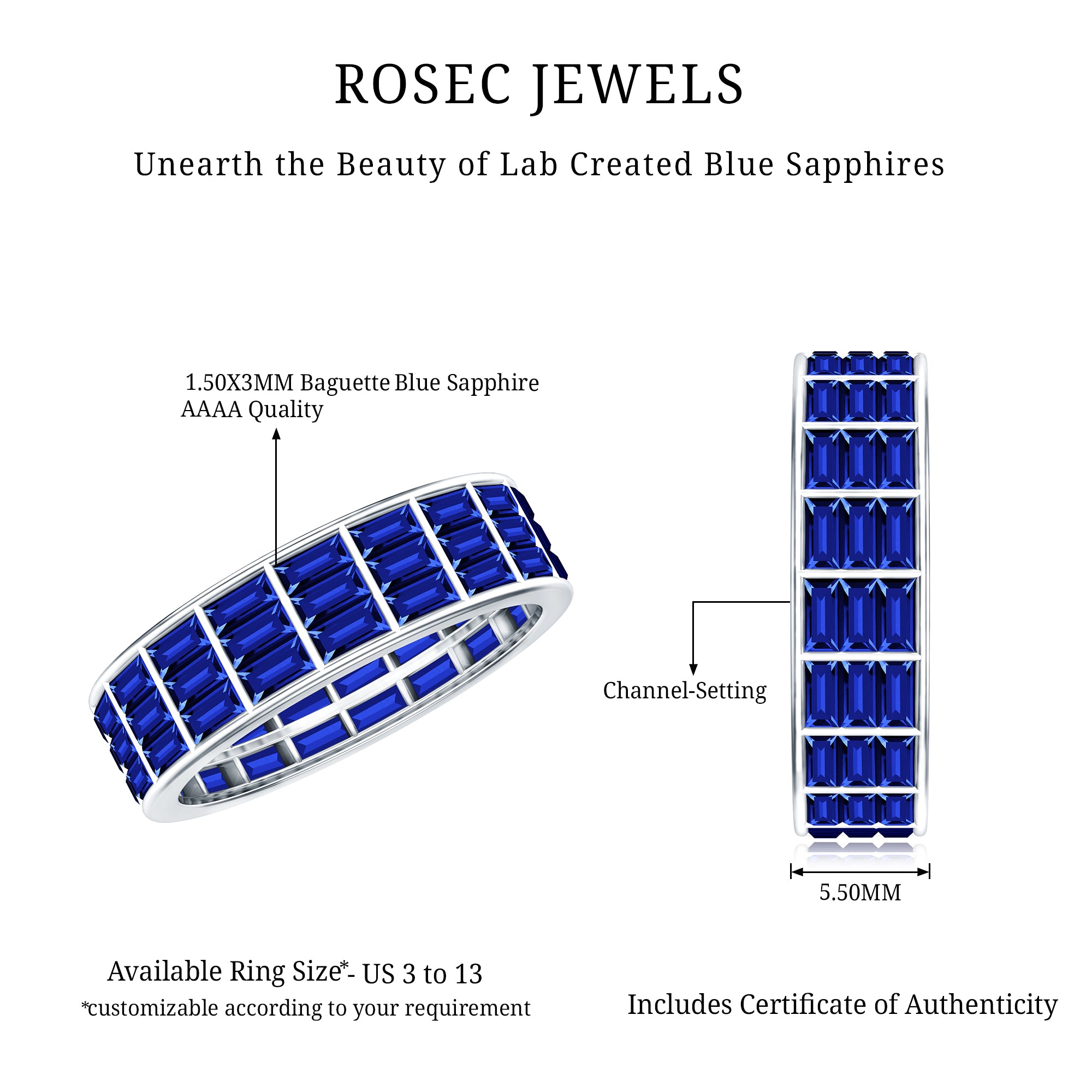 Channel Set Lab Grown Blue Sapphire Wide Eternity Band Ring AAAA - Rosec Jewels