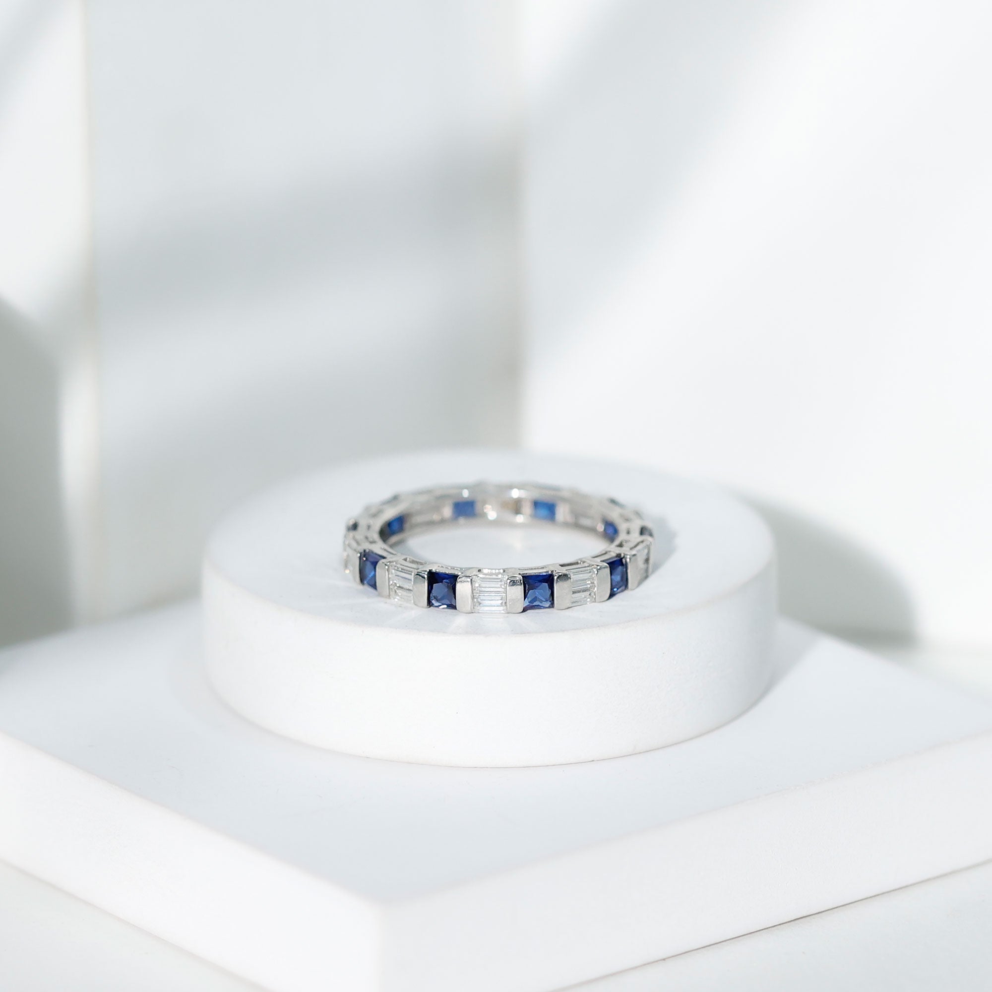 Certified Lab Grown Blue Sapphire Eternity Band Ring with Moissanite AAAA - Rosec Jewels
