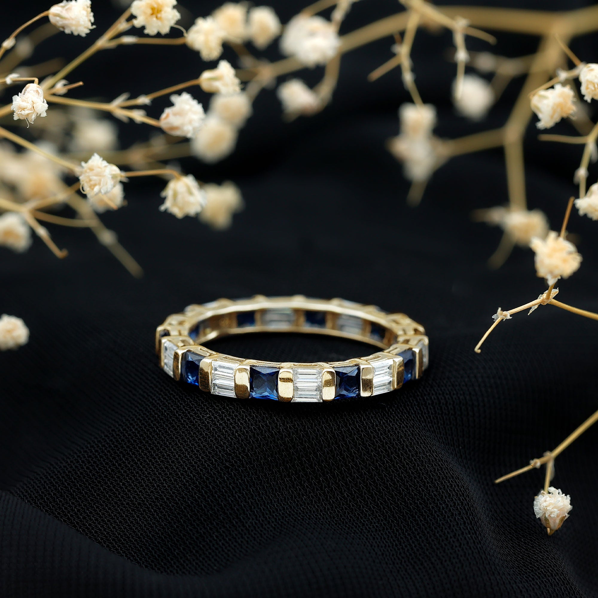 Certified Lab Grown Blue Sapphire Eternity Band Ring with Moissanite AAAA - Rosec Jewels