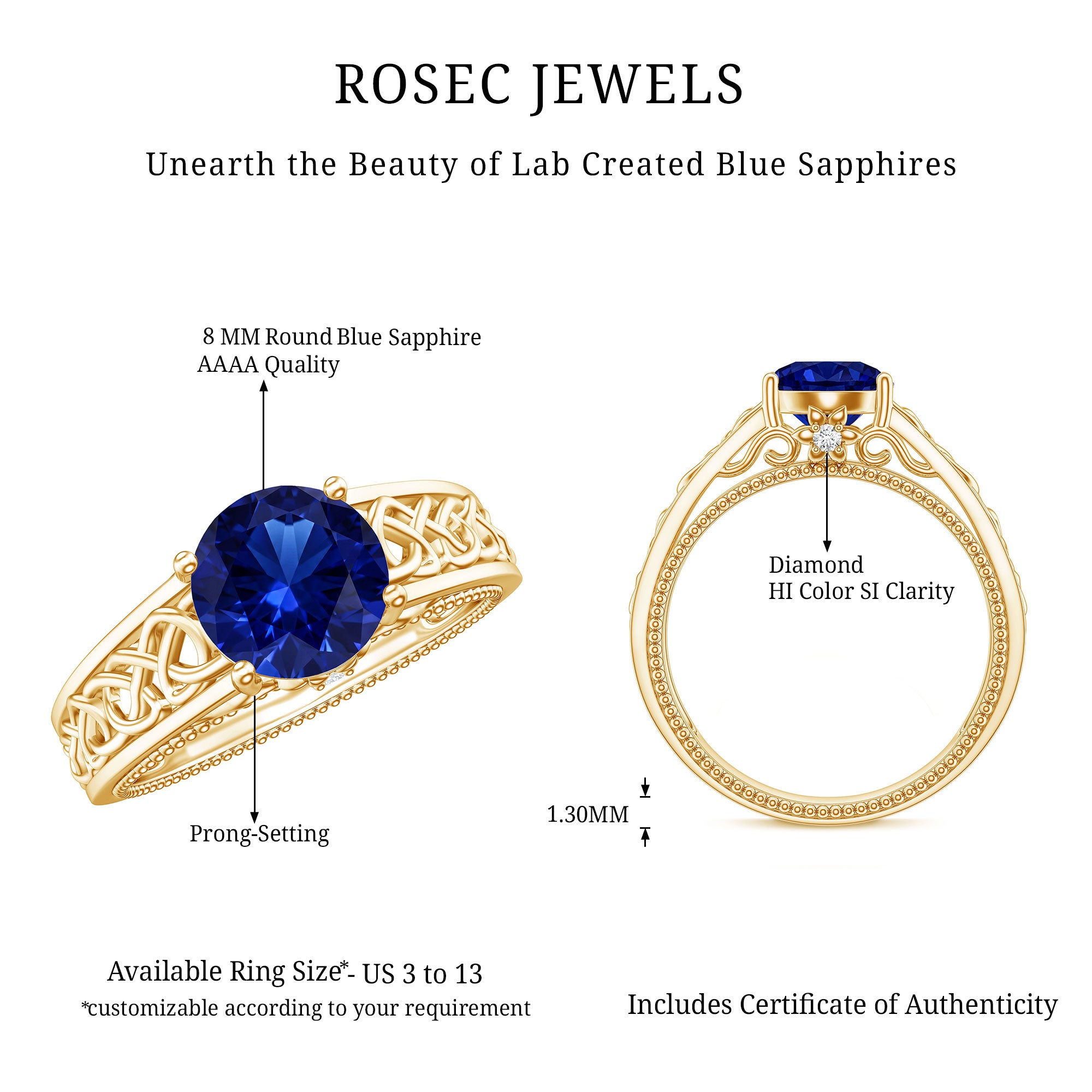 Certified 2.7 Carat Lab Grown Blue Sapphire Celtic Engagement Ring with Surprise Diamond AAAA - Rosec Jewels