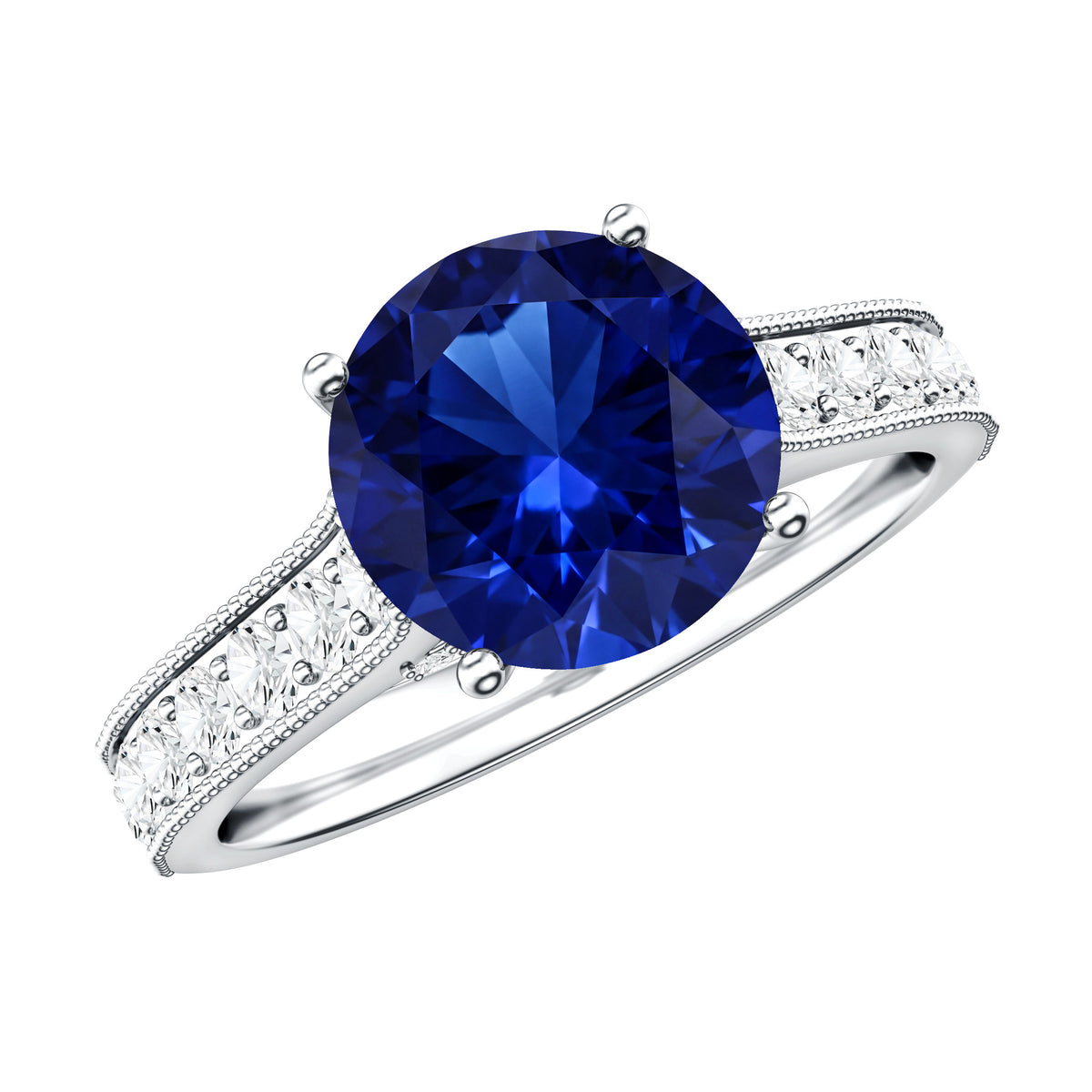Certified 2.7 Carat Lab Grown Blue Sapphire Solitaire Engagement Ring with Diamond AAAA - Rosec Jewels