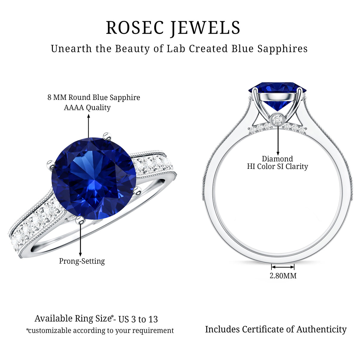 Certified 2.7 Carat Lab Grown Blue Sapphire Solitaire Engagement Ring with Diamond AAAA - Rosec Jewels