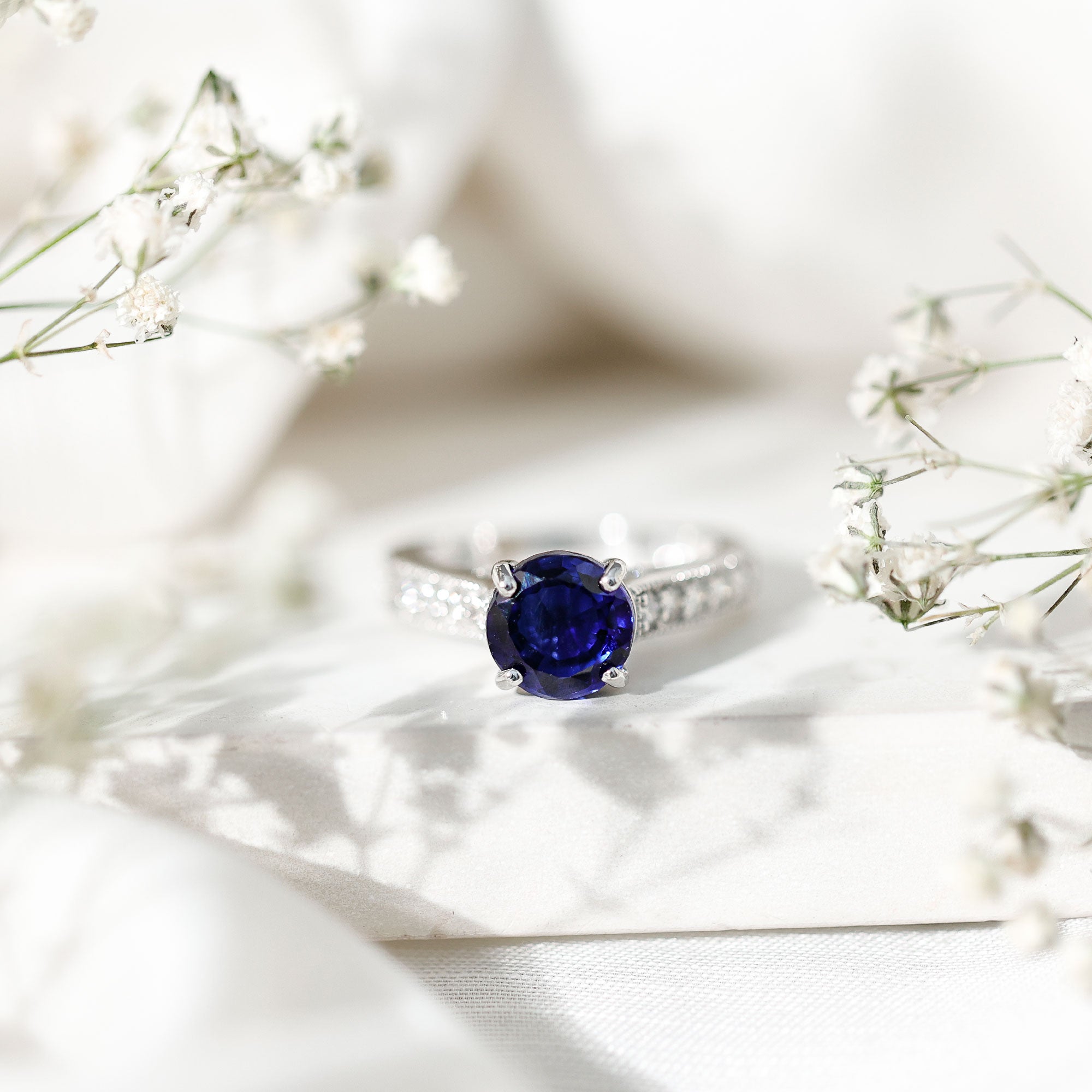 Certified 2.7 Carat Lab Grown Blue Sapphire Solitaire Engagement Ring with Diamond AAAA - Rosec Jewels