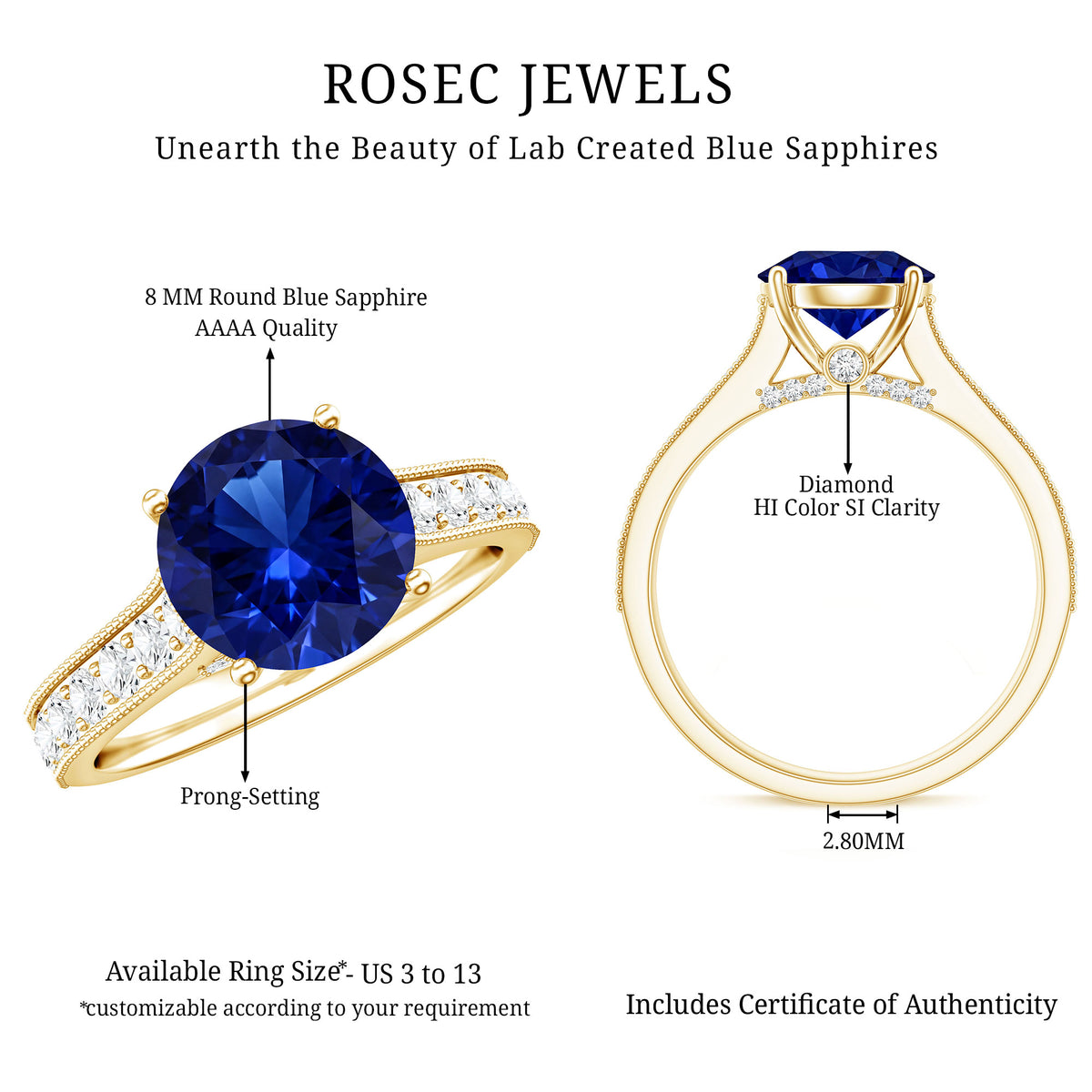 Certified 2.7 Carat Lab Grown Blue Sapphire Solitaire Engagement Ring with Diamond AAAA - Rosec Jewels
