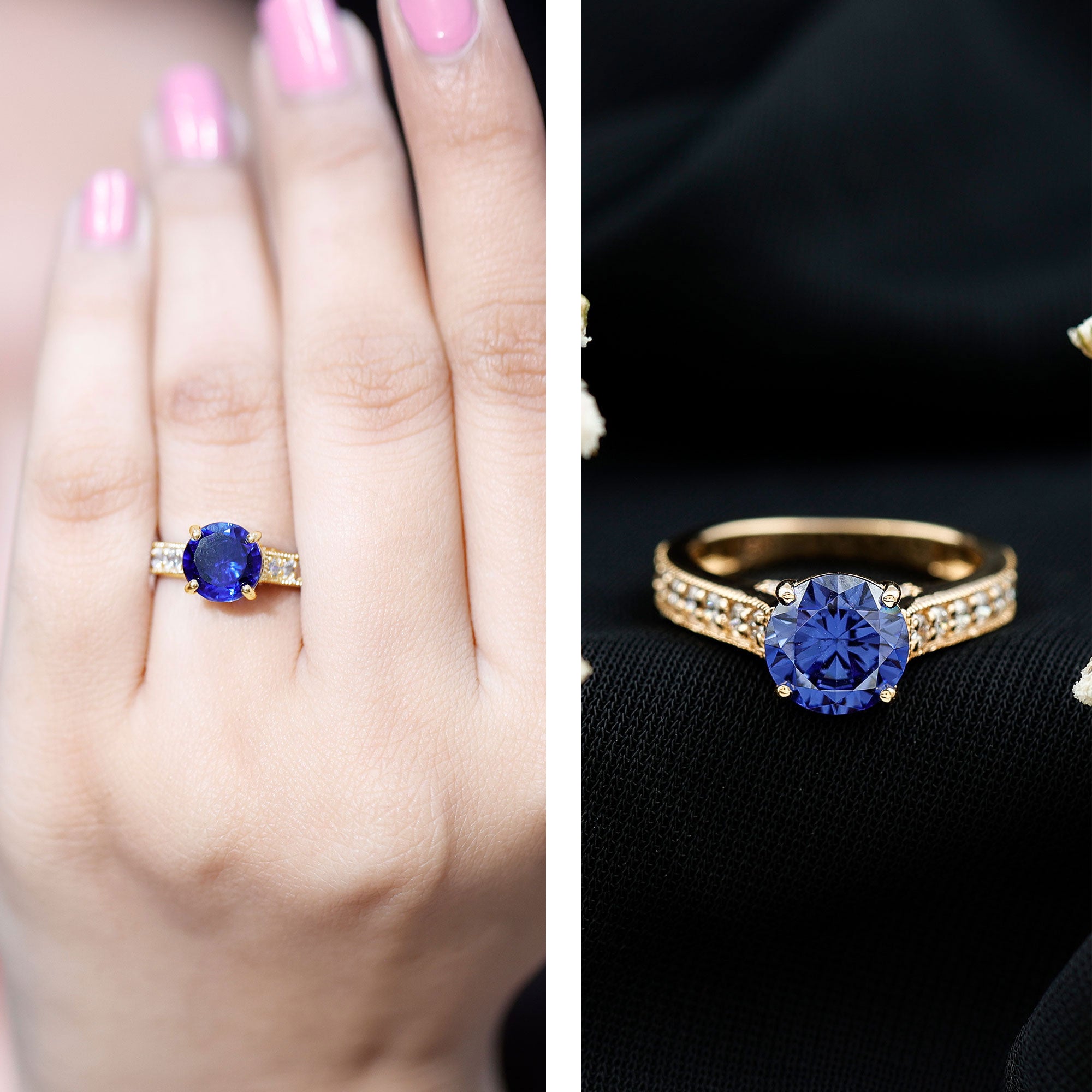 Certified 2.7 Carat Lab Grown Blue Sapphire Solitaire Engagement Ring with Diamond AAAA - Rosec Jewels